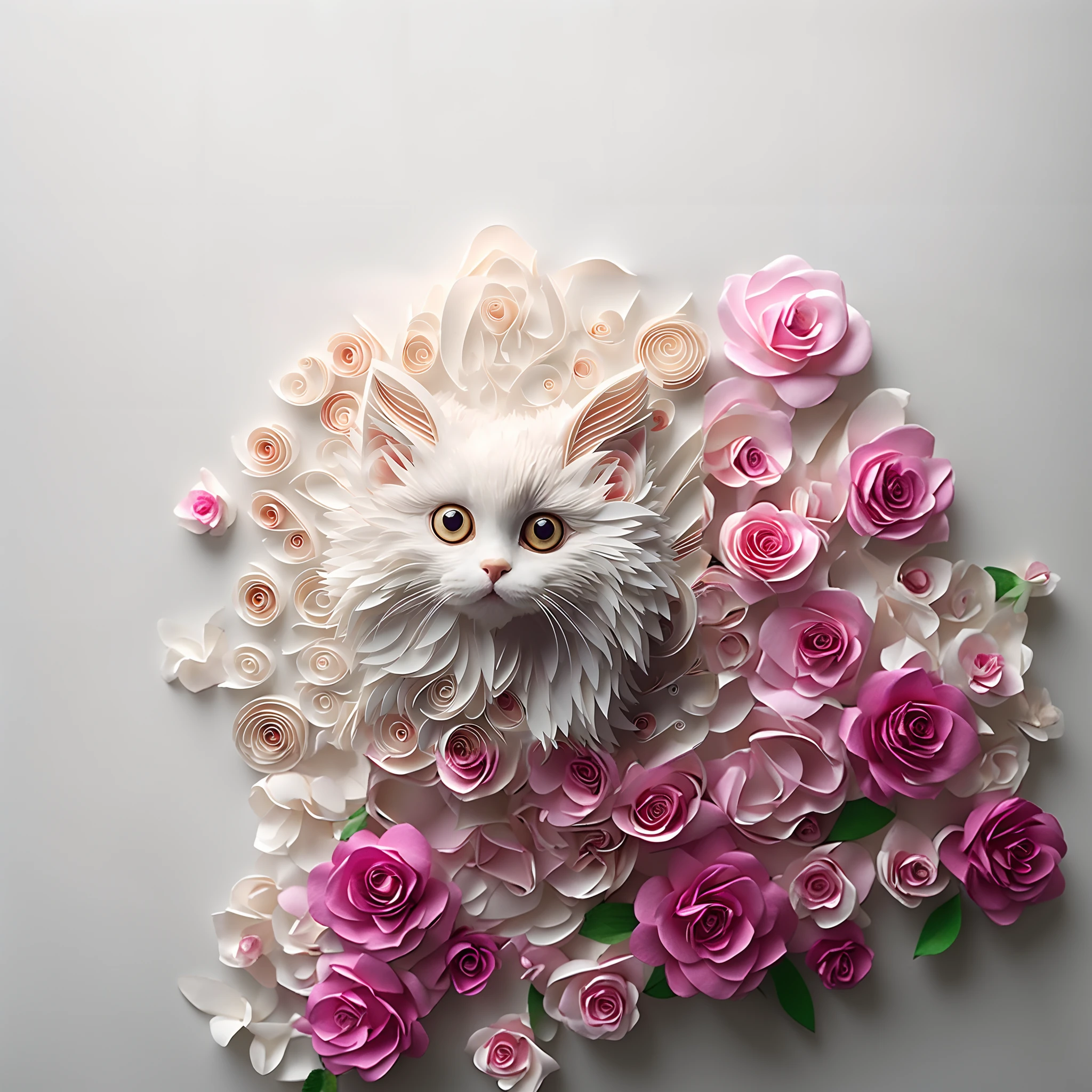 A cat in flowers，A white cat with big eyes and lots of paper flowers, Cute detailed digital art, cute detailed artwork, paper art, White cat, 4k highly detailed digital art, cat detailed, adorable digital art, Beautiful digital artwork, made of paper, elegant cat, amazing detail digital art, Detailed digital 3D art, Amazing digital art, gorgeous digital art，The background is full of flowers，