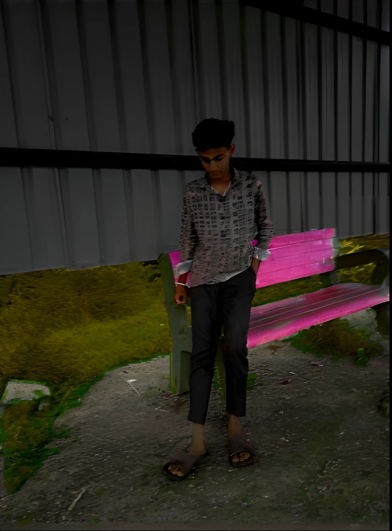 there is a man standing next to a pink bench in a field, unexpected glitch art, edited in photoshop, ( ( glitch art ) ), sitting on bench, * colour splash *, highly aesthetic, sitting on a bench, cinematic outfit photo, background blur, edited, mohamed chahin style, ( ( dark skin ) ), photo taken in 2 0 2 0, made with photoshop
