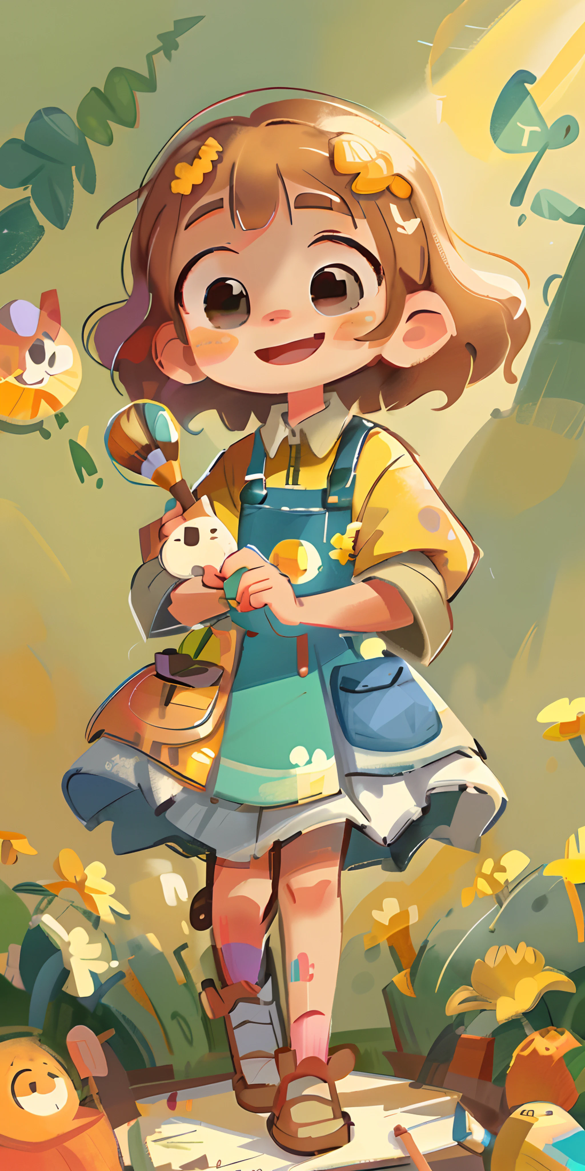 A little little girl with a wide smile holding a painting brush that glows! it is surrounded by many colored pencils, brushes and paints of many colors, warm sun sprinkling over it, adding to the playful atmosphere, --v6