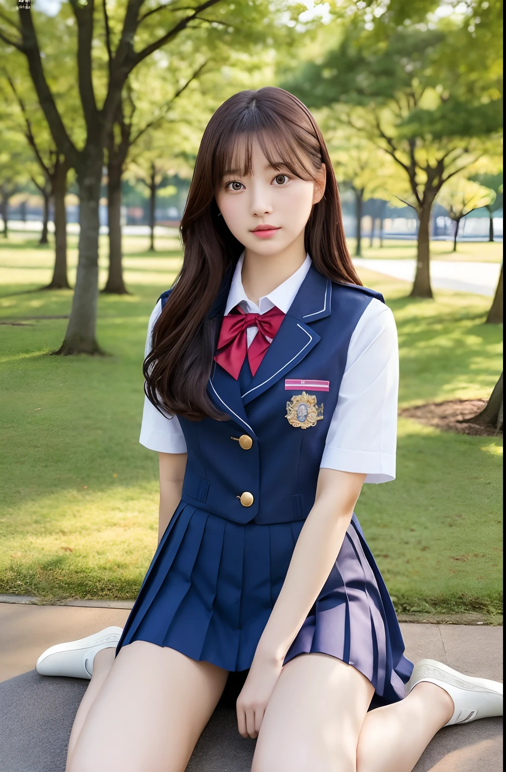 Close up portrait of woman walking in park in uniform、Japan Person Model、Young Sensual Gravure Idol、Young cute gravure idol、Realistic Young Gravure Idol、Realistic sensual gravure idol、Young gravure idols、sophisticated gravure idol、奈良美智、Young skinny gravure idol、beautifull asian girl ever、ulzzang-6500-V1.1, (Raw foto:1.2), (Photorealsitic:1.4), a beautiful detailed girl, extremely detailed eye and face, beatiful detailed eyes, Ridiculous, unbelievable Ridiculous, huge filesize, ultra-detailliert, hight resolution, ighly detailed, top-quality, ​masterpiece, Kemomimi, ((Japanese girls' high school uniform)), illustratio, ighly detailed, CG, unification, 8k wallpaper, magnifica, finely detail, ​masterpiece, top-quality, Highly detailed CG uniform 8k wallpaper, Light on the face、电影灯光、16yo girl、((witheout panties))、((dynamicposes)))、(camel's toe)、(half)、(panthyhose)、(Sitting on legs bending the knees))