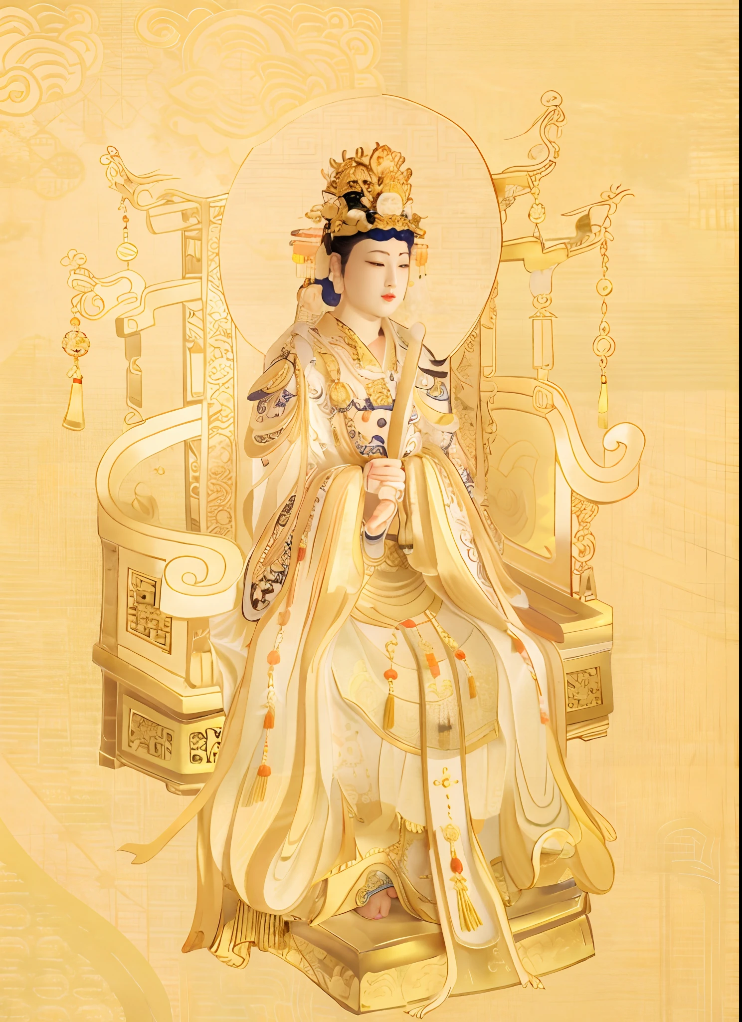 Queen Mother of the West, queen mother，Queen Mother of the West， Middle-aged woman，big breasts beautiful，Gorgeous and colorful costumes，3D rendering，Golden ornaments on the head，Not far away, Chinese palaces scattered in a sea of clouds， Cloud in the foreground, Clear fingers, Clear and distinctive toes, Clear and vivid facial features,jewelry, leafs, the lilies, Lily_pads, necklace, Phoenix crown，Gorgeous phoenix robe，Chinese palaces, paths, lotuses， Sharp focus, sun's rays, Sparkling ripples, Wind ripples, hyper-high detail, Realphotos, Intricate details, Perfectcomposition, beautiful detailed intricate, 8 K photography, Photorealistic, Masterpiece, photo-realistic, Image Enhancement,Image post-processing,Image retouching，an ancient Chinese goddess, Princesa chinesa antiga, ancient china art style, ancient chinese beauti, chinese empress, Inspired by Qiu Ying, Traditional Chinese art, a beautiful fantasy empress, guanyin of the southern seas, Inspired by Lan Ying, Chinese traditional, Wearing ancient Chinese clothes, Chinese mythology, Traditional Chinese clothing，