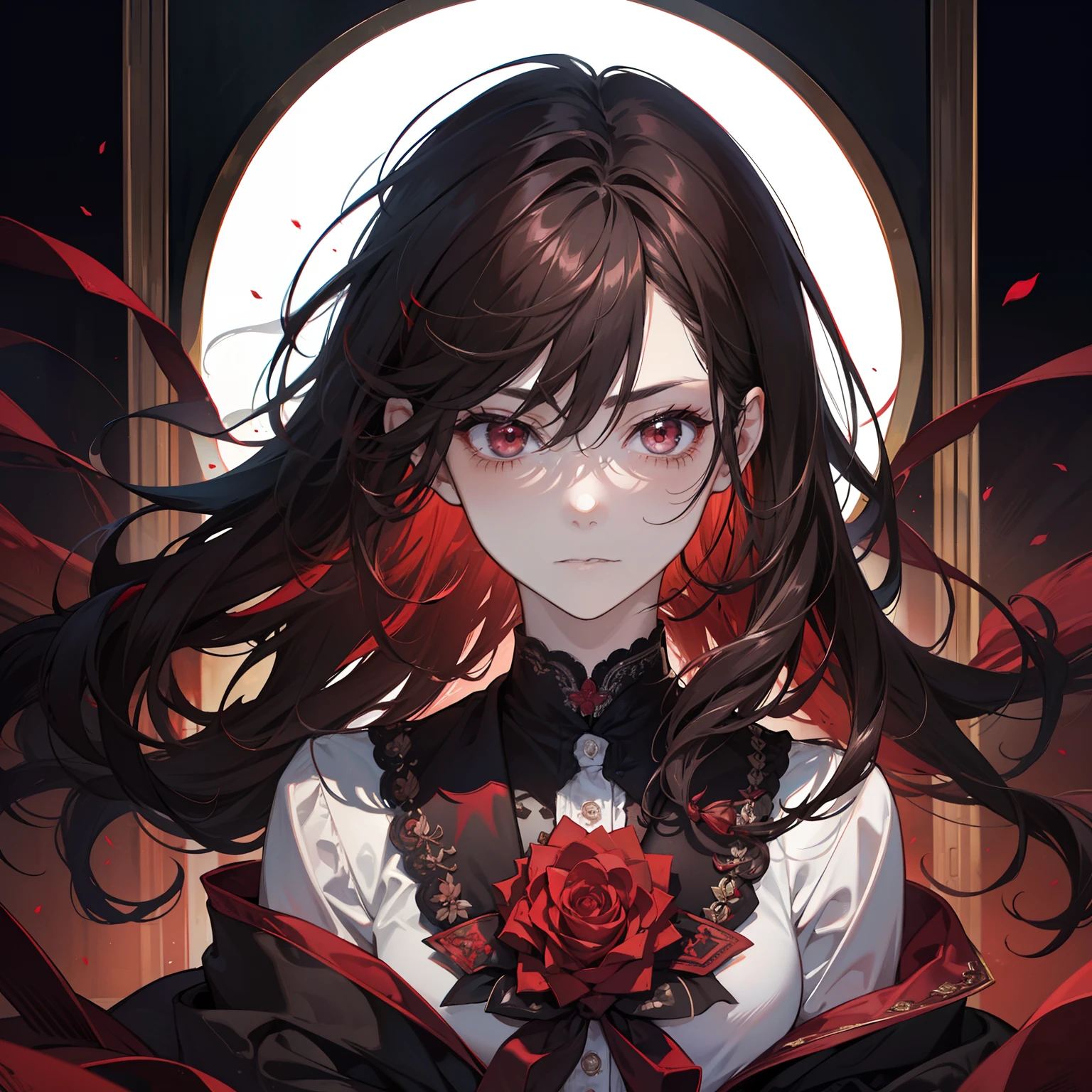 1man, dark brown short hair, curly hair, red crazed eyes, narrowed eyes, dark shadow over eyes, yandere, school uniform, tsundere pout, rose frame