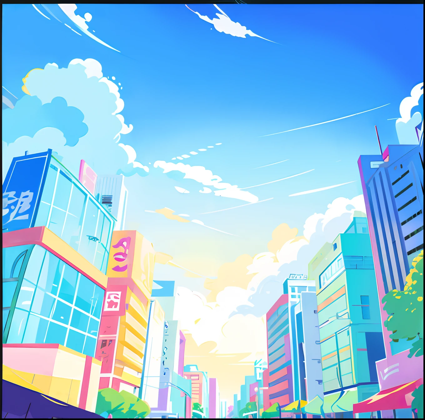 There is a cartoon picture，Clouds in the sky, Office building background, Background building, arte de fundo, random background scene, urban backdrop, urban backdrop, anime style cityscape, Sunny day background, town center background, mall background, town background, Mobile game background, Commercial illustration, Official artwork, city in backround, day cityscape, detailed school background