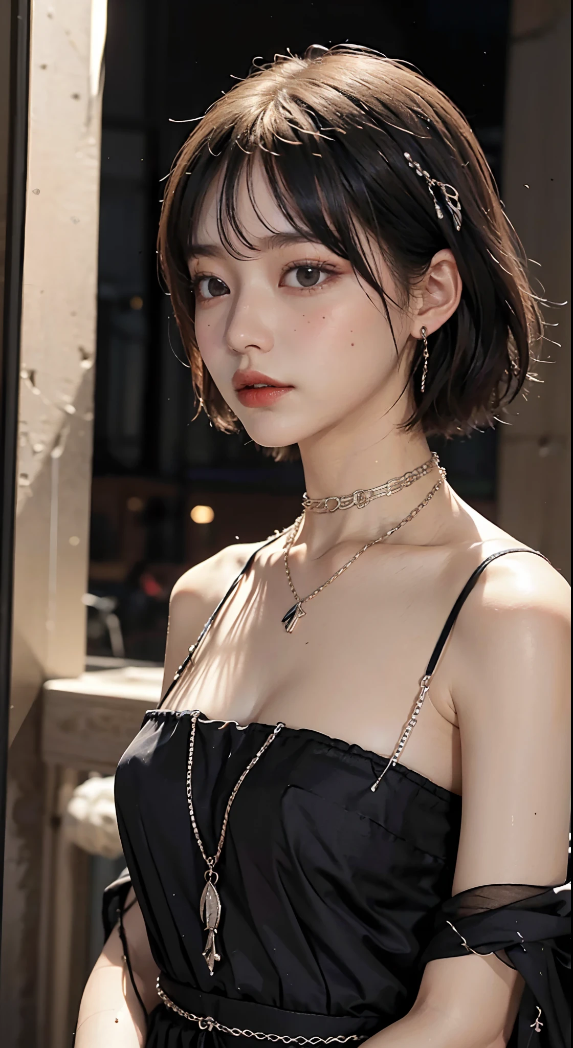 (natta)、((top-quality、​masterpiece:1.3))、sharp:1.2、Perfect Body Beauty:1.4、((Layered hairstyle))、(natta:1.5)、(Black Dress:1.1)、(Luxurious room:1.2)、(chains:1.2)、Highly detailed facial and skin texture、Detailed eye、二重まぶた、((short-length hair))、boyish、Cool、((unisex))、big eye、Necklaces、bangss、((One Woman))、Black eyes、A bracelet、a choker、Ring、Chain Accessories、Farbe々From an angle、