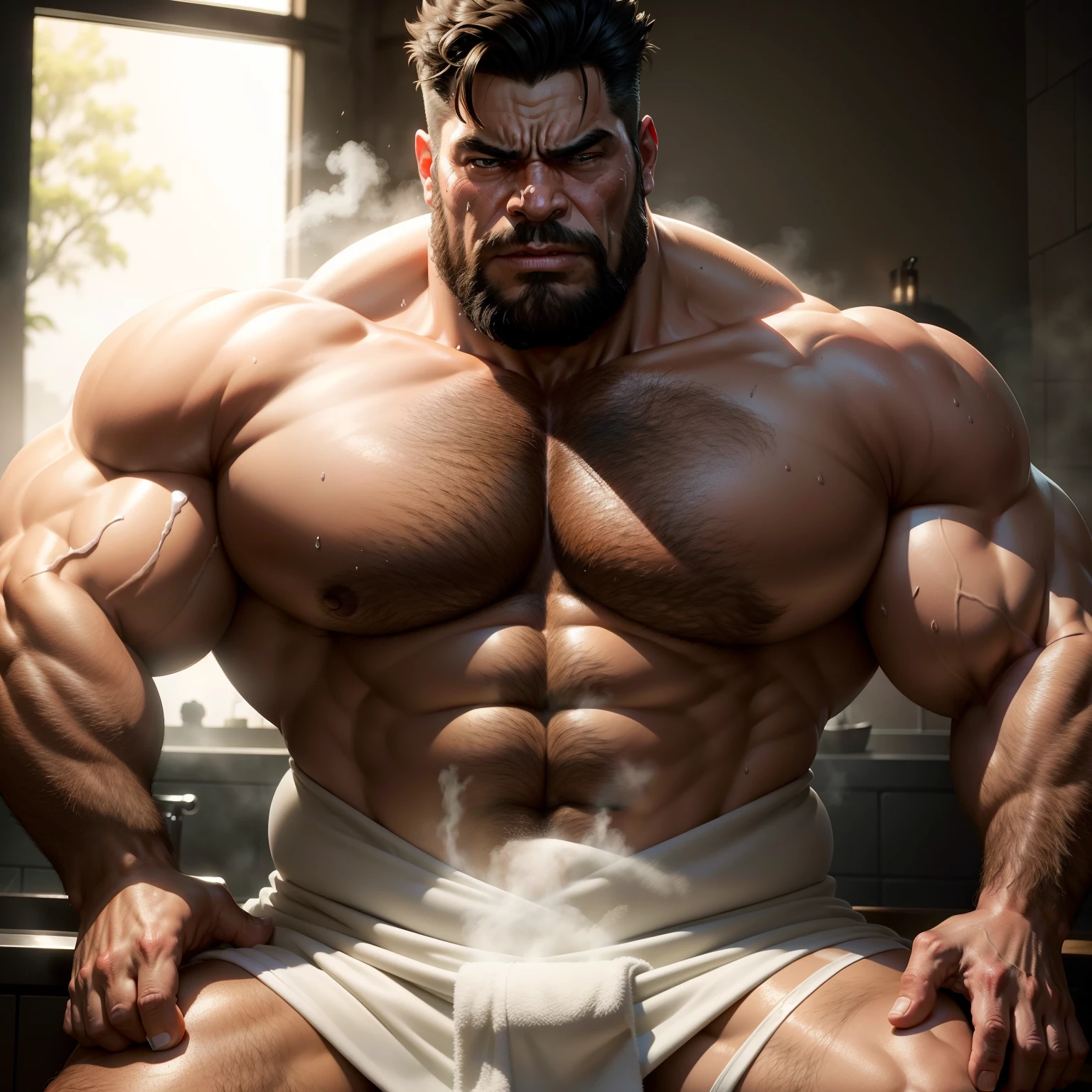 Uncle Banner the Hulk in the Avengers，Male uncle，A little bearded，Strong body，big breasts slightly fat，Short black hair，Bare upper body，The lower body is wrapped around a white bath towel，There is chest hair，Sit in the steam room，Spread your legs，Sweaty face，Covered in sweat，The expression is shy