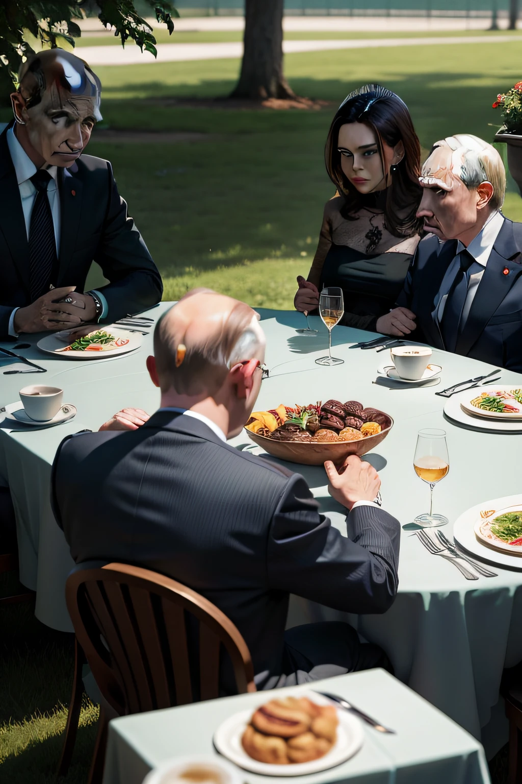 The man next to the woman opposite was replaced by Russian President Vladimir Putin