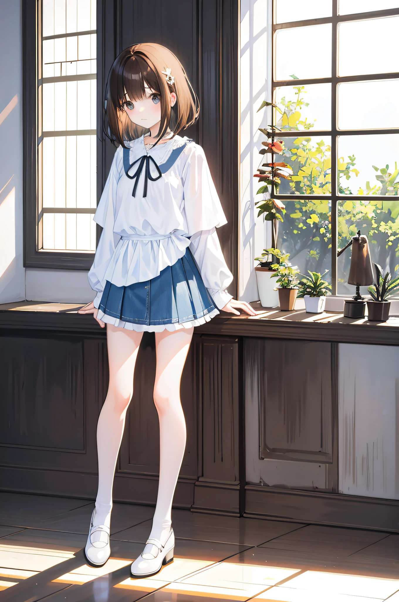 Photorealsitic, Bright indoor, Soft light, Low contrast, Shallow depth of field, Beautiful loli girl illuminated by gentle light, long straight bangs hair, hair color is a dark chestnut shade with a slight brown tone, hair with a subtle and gentle wave, Short bob hair, (White blouses), (Denim miniskirt), (Silk White Socks), (pumps), (Full body:1.5), squatting, Blank white background