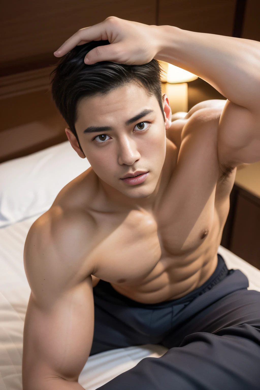 top-quality、masterpiece、超A high resolution、(realisitic:1.4)、详细的脸、独奏、1human male、The upper part of the body、Dark hair、glistning skin、dense skin、(asian human)、architectural、(absurderes、hight resolution、ultra-detailliert)、、1 male、Adults、(20-year-old man)、a handsome、tall muscular man、broad shoulder、extra very short hair、angular jaws、thick neck、thick eyebrow、extra very short hair、A dark-haired、fine eyes and detailed face、 Highly detailed CG Unity 8K wallpapers、intricate-detail、(Style Swirl Magic:0.7)、looking at the spectator、独奏、(full body Esbian:0.6)、细致背景、A detailed face、dynamicposes、、Urban background、dynamic compositions、 big muscle、、((Crotch bulge))、a handsome、 ((masutepiece:1.4, Best Quality)), ((masutepiece, Best Quality)), (photographrealistic:1.4)、sprawl、From above、Outstretched arms、irate、a bed、Rough breath、Sexual facial expressions、Lying down、Japan men、hotels room、(Stick out your tongue and open your mouth:1.2)、(eyes up:1.3)、Undressing gesture、Japan men