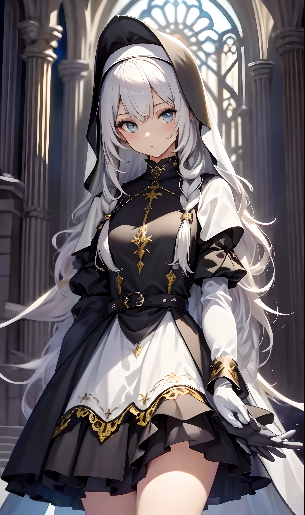 best qualityer，tmasterpiece，Ultimate resolution，downy，Extremely colorful，Colorful，saintess，silver-white long hair，curlies，a matural female，Crop topping，Nun dress，The kinky is exposed，cathedrals，Sanctuary，Normal posture