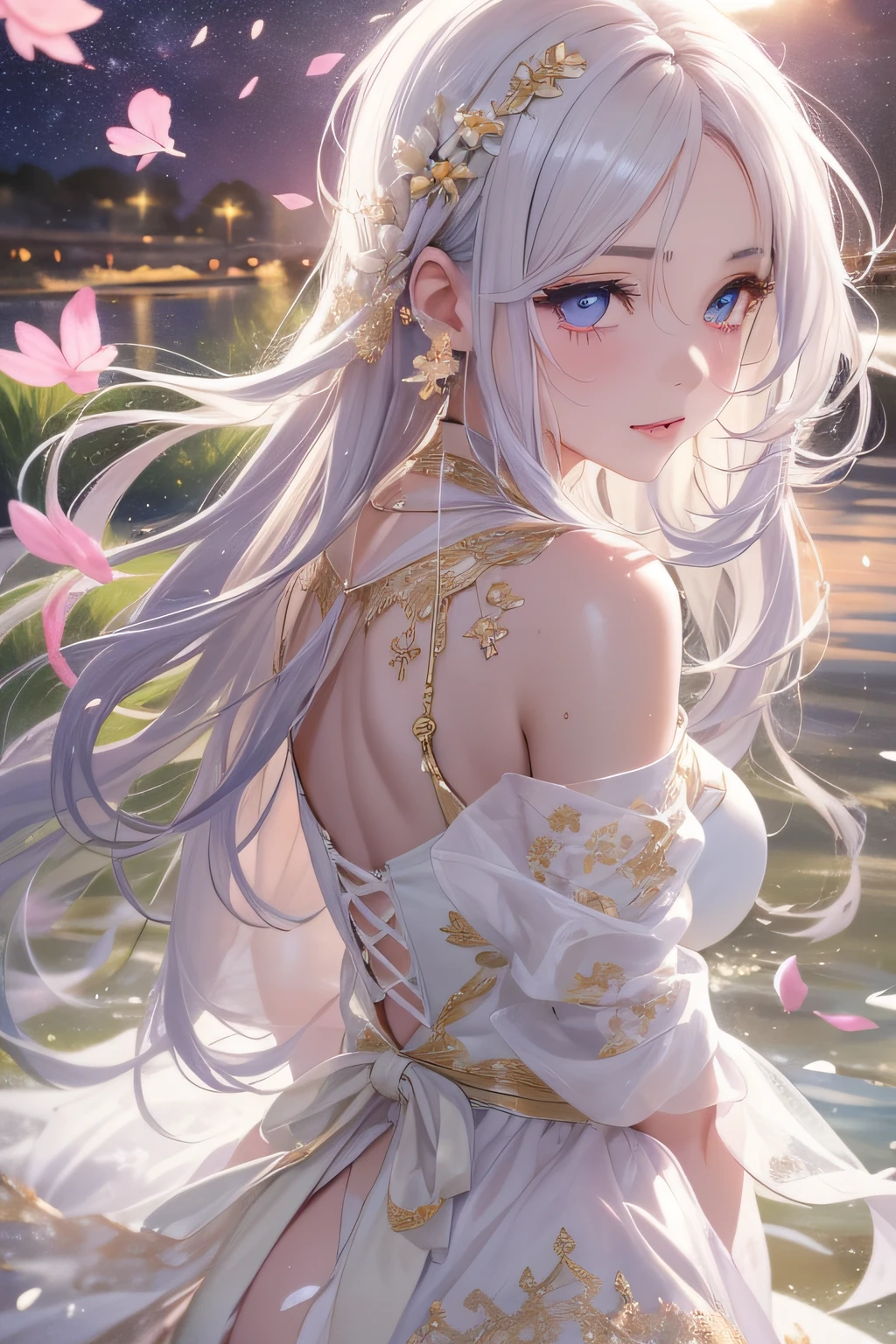 {{{masterpiece}}}, {{best quality, super fine illustration , beautiful and delicate water,The finest grass}}. ((beautiful eyes)),{ very delicate light, perfect and delicate limbs}, {nature, painting, water spray},{{ fine luminescence ,very fine 8K CG wallpaper}},Lavender eyes, pink pupils, whole body, white hair, bright eyes,( (an extremely delicate and beautiful girl)), ((1 girl)), medium bust, dynamic angle, (white dress with gold decoration), (long hair flowing with the wind, beautiful hair ornaments, delicate wet skirt, nsfw, breeze, long bangs between eyes), wrinkled skirt, (staring blankly, lovely big eyes),messy_hair,payot,Lateral braid,(Tulle lace white skirt) Flowers and grass meadow, near the water edge, ((sunset, starry sky in a circle), randomly distributed clouds, (((river))), splashing water, falling petals