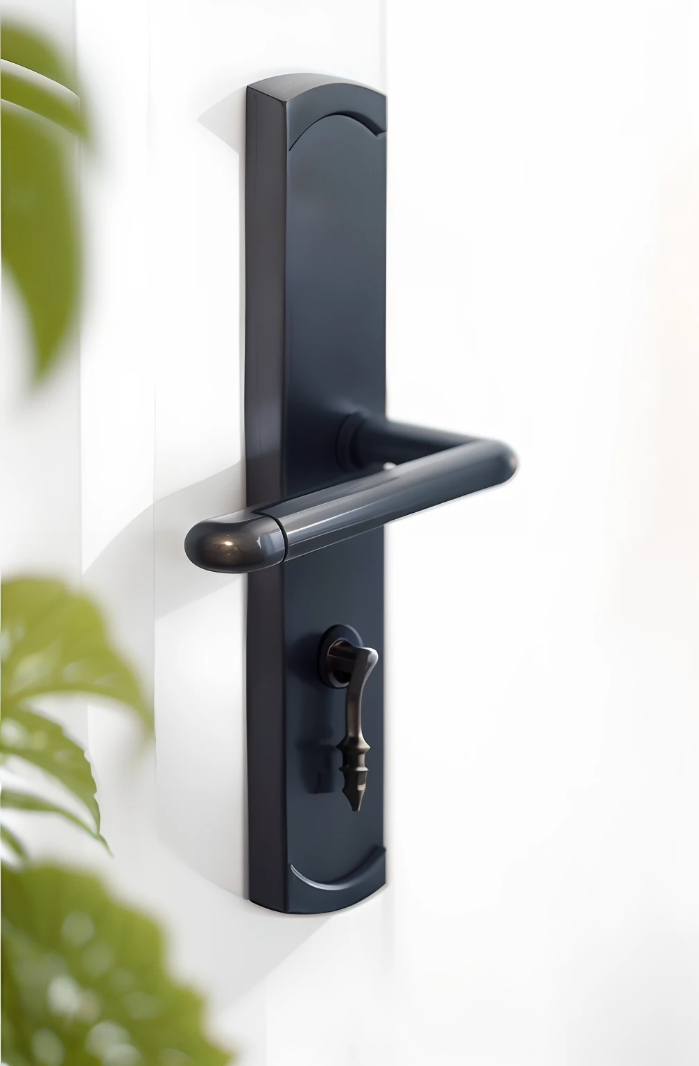 plants in foreground，Watch a close-up of the doorknob on the door, exquisite handle, Modern details, Metal credit, Metal key for the door, medium close up shot, high angle close up shot, levers, blurred detail, Hand on the doorknob, Door, Meticulous detail, detailed zoom photo, smooth detailed, exquisite and smooth details, crisp smooth clean lines