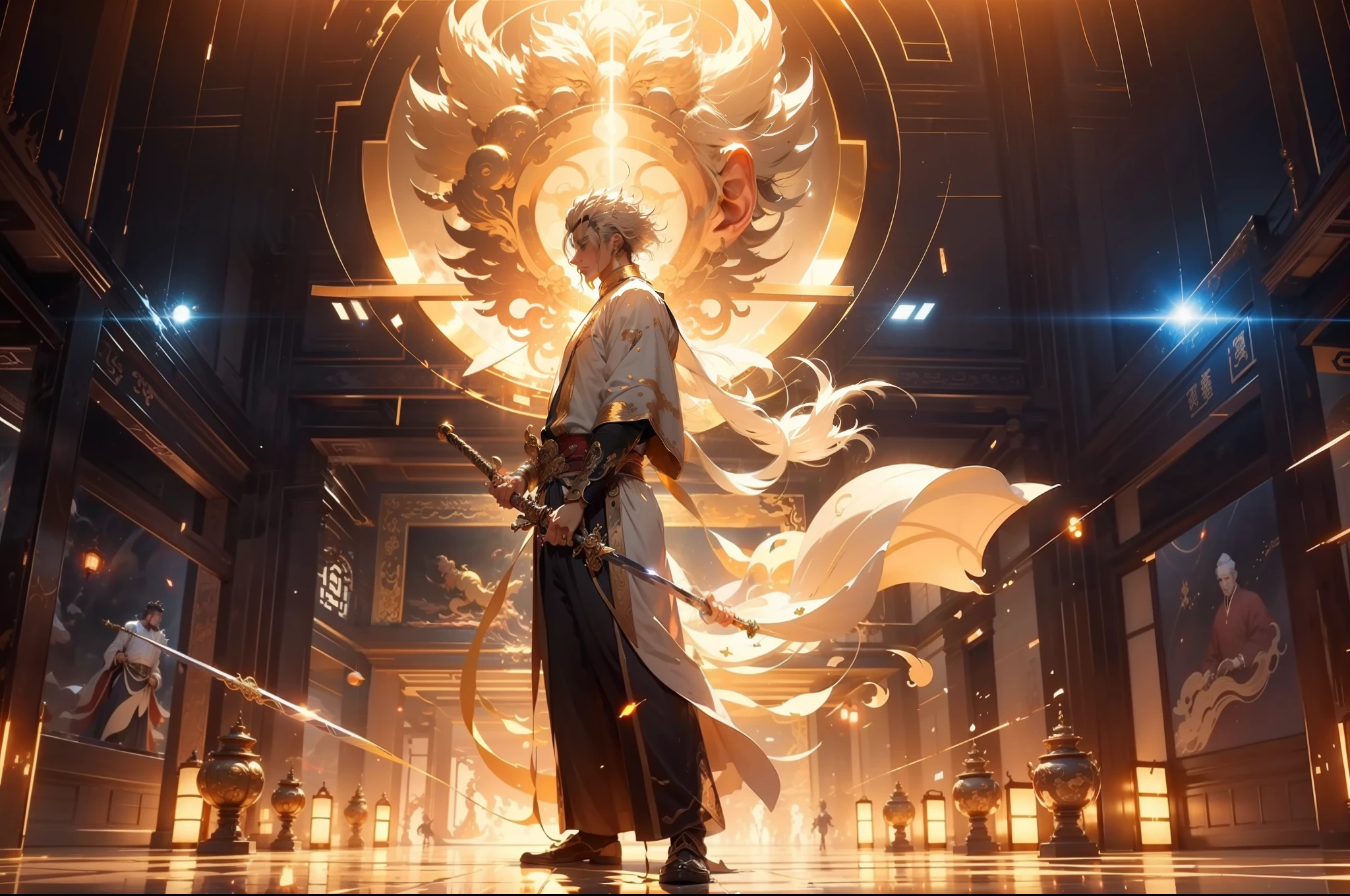 Handsome Taoist priest,(levitating),(the space),(He stood in front of the huge transparent golden light old Taoist。。:1.4),(cleanness:1.4),golden colored,The background is the sky of an ancient Chinese city。 Infinite Sword System,Tyndall effect,Glow effects,Anime art style,Romantic graffiti,Meticulous,Realism is popular, New Fauvist style,Knolling,8K,tmasterpiece,super-fine,best qualtiy,8K resolution,tmasterpiece,Works of masters,Detailed pubic hair,Accurate,Epic shooting