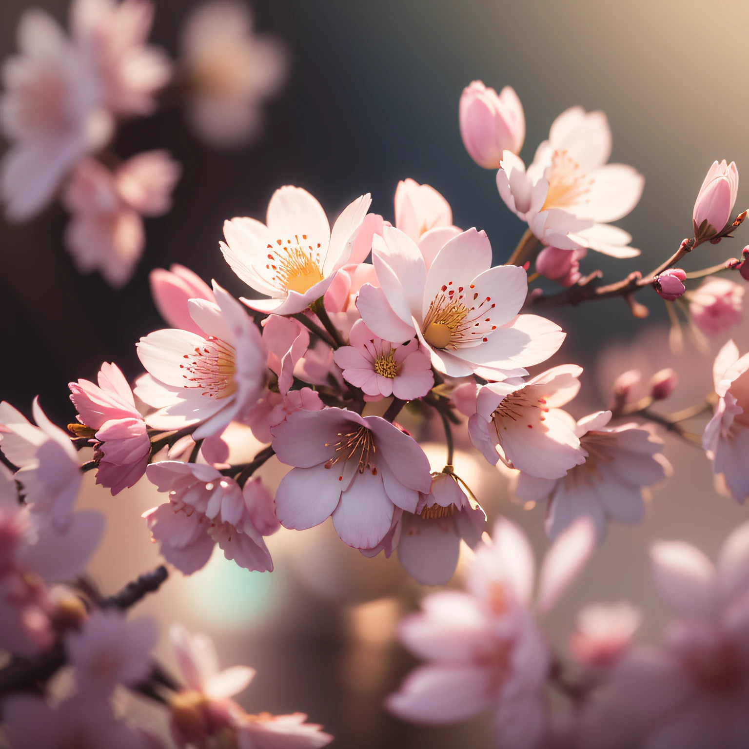 a closeup of cherry blossoms, realism, contemporary art, reflective light, ray tracing, chromatic aberration abuse, Canon, f/1.8, bokeh, overexposure, super detail, high quality, 8k