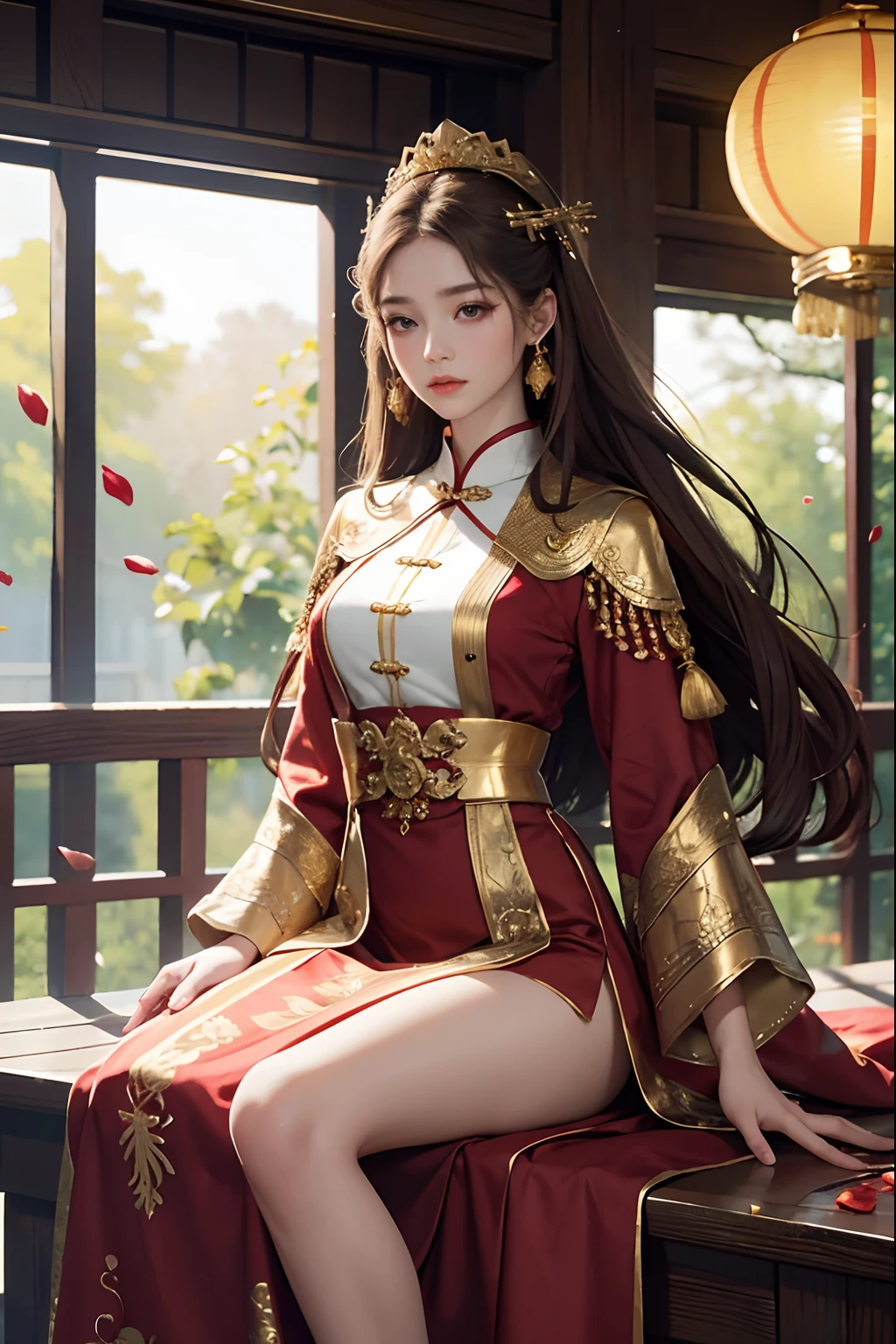 best quality, masterpiece, highres, (exquisite body:1.5),gorgeous face,(milky skin:1.3),intricate details,high resolution,wallpaper,
1girl, solo, dress, hair ornament, (((gold and red dress))), flowers, long hair, brown hair, closed mouth, jewelry, long sleeves, hand up, wide sleeves, big eyes,floating hair, chinese clothes, hanfu, embroidery, long skirt, natural pose, falling petals, indoor,fanning, lantern,
16K,HDR,highres,depth field,(film grain:1.1),boken,golden hour,(lens flare),vignette,rainbowing,(color grading:1.5)