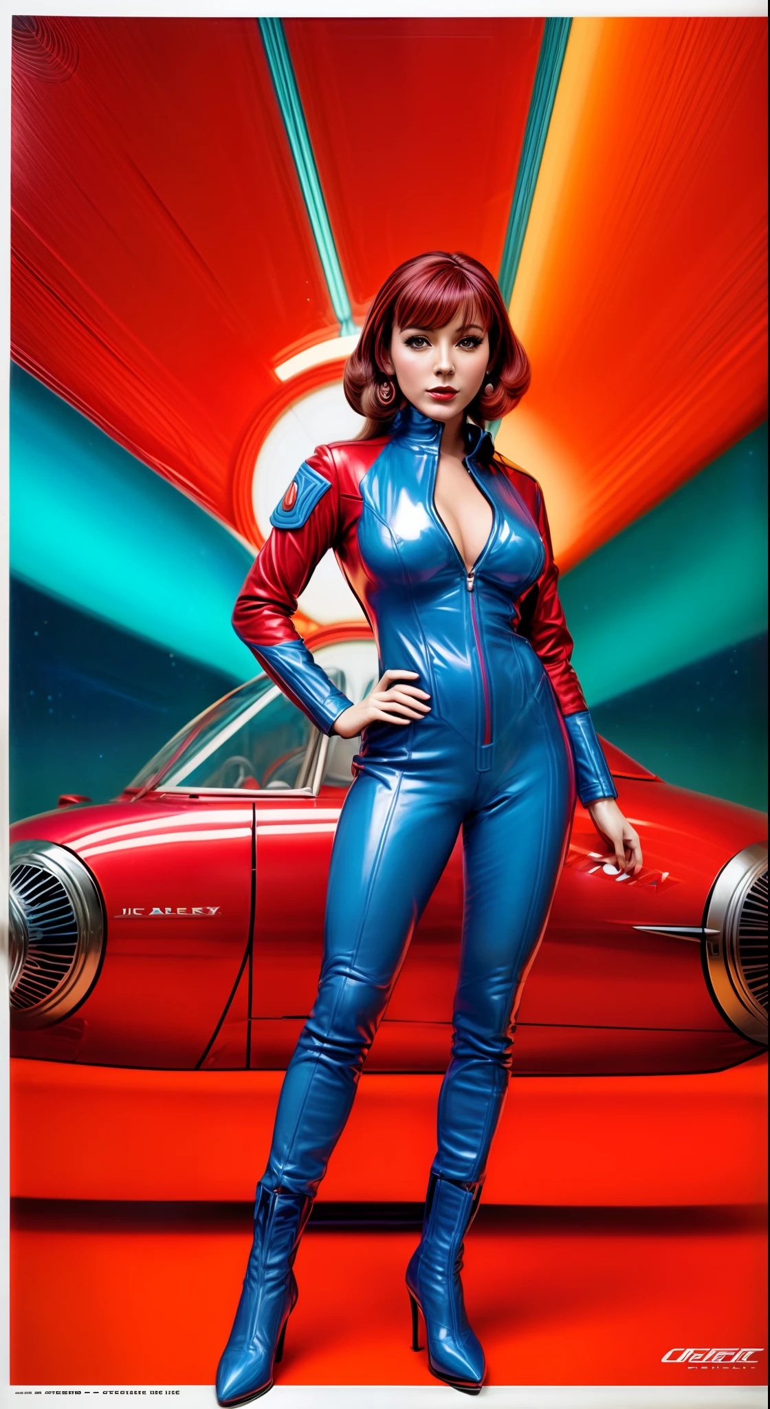 arafed image of a woman in a red and blue LEATHER outfit, artgerm julie bell beeple, martin ansin, as a retrofuturistic heroine, as a retro futuristic heroine, chris moore. artgerm, martin ansin artwork portrait, by Alex Horley, jen bartel, retro sci - fi art, 60's sci-fi pinup style, realistic , photograph,