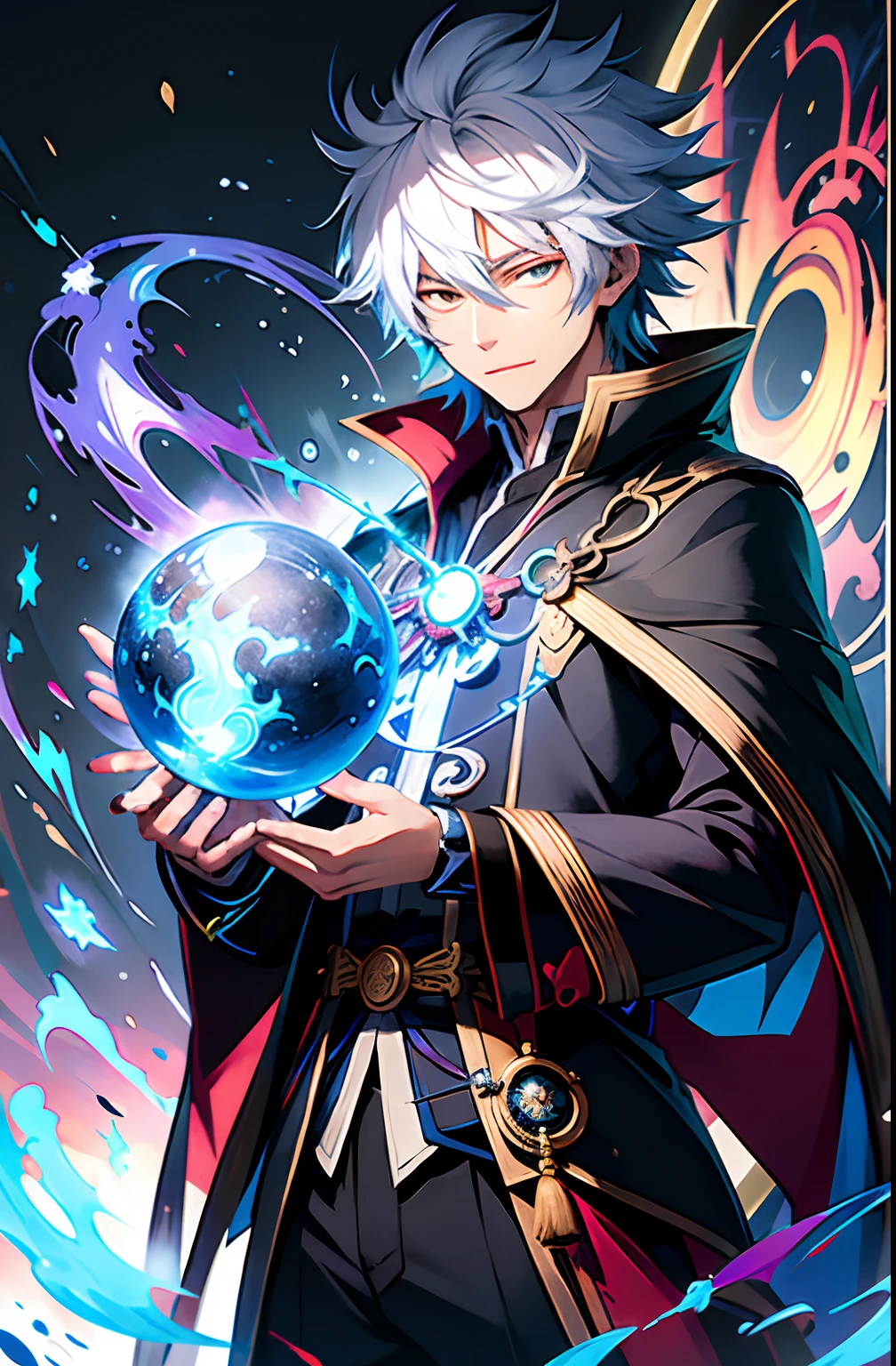The anime character holds a ball of blue flame in his hand, 独奏，thin young male alchemist, young shadow mage male, Keqing from Genshin Impact, evil male sorcerer, full portrait of elementalist, portrait of a mage, an arcane wizard casting a spell, thin male alchemist, nagito komaeda, he is casting a lighting spell，Masterpiece，Highest quality，Clear facial features