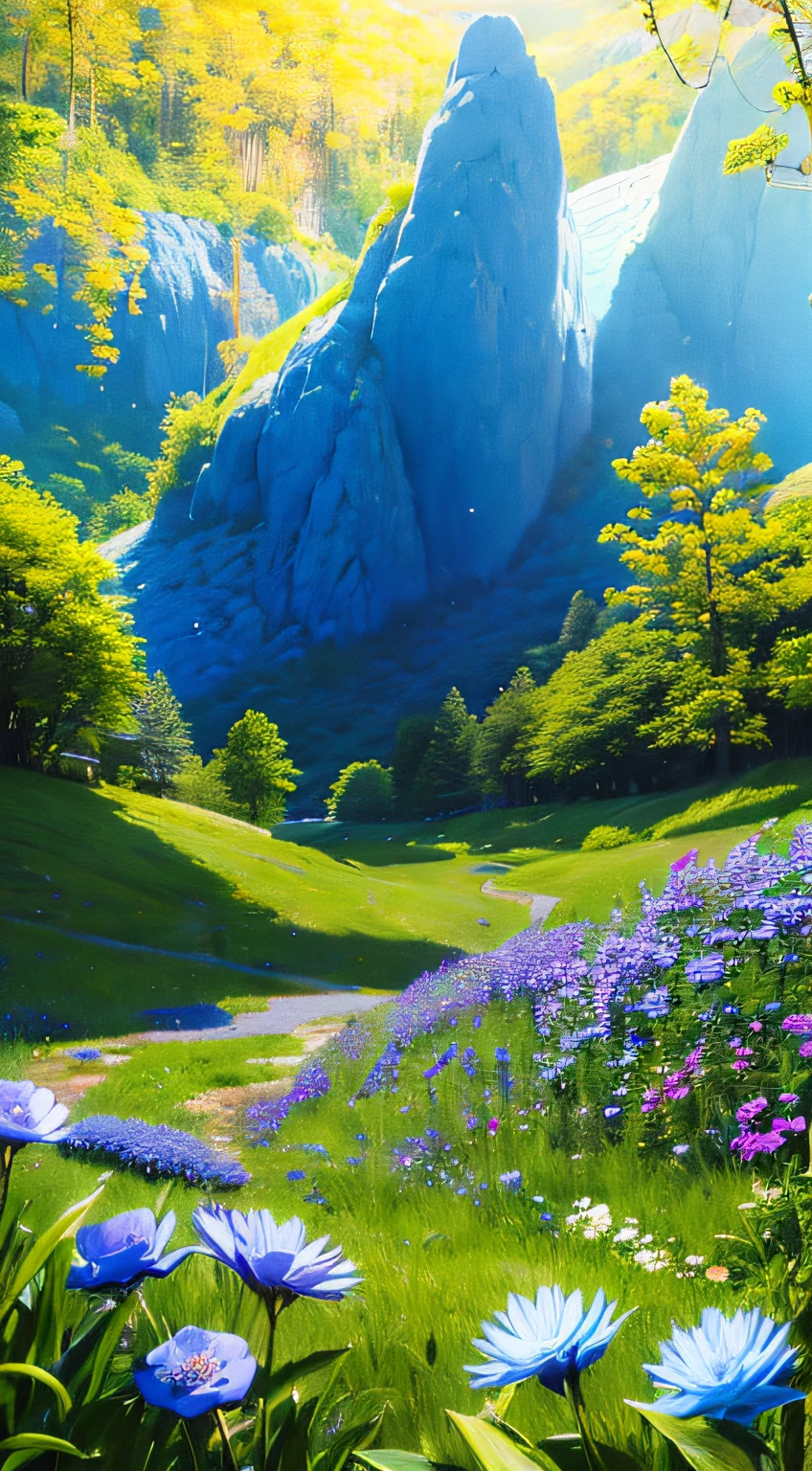 Blue sky、Flowers in the valley, Quiet and idyllic，high definition detail、Ultra-detailed and exquisitely presented，Cinematic surrealism，Soft light against the background，Deep focus and bokeh effects，Ray tracing and surrealist art style。" --v6