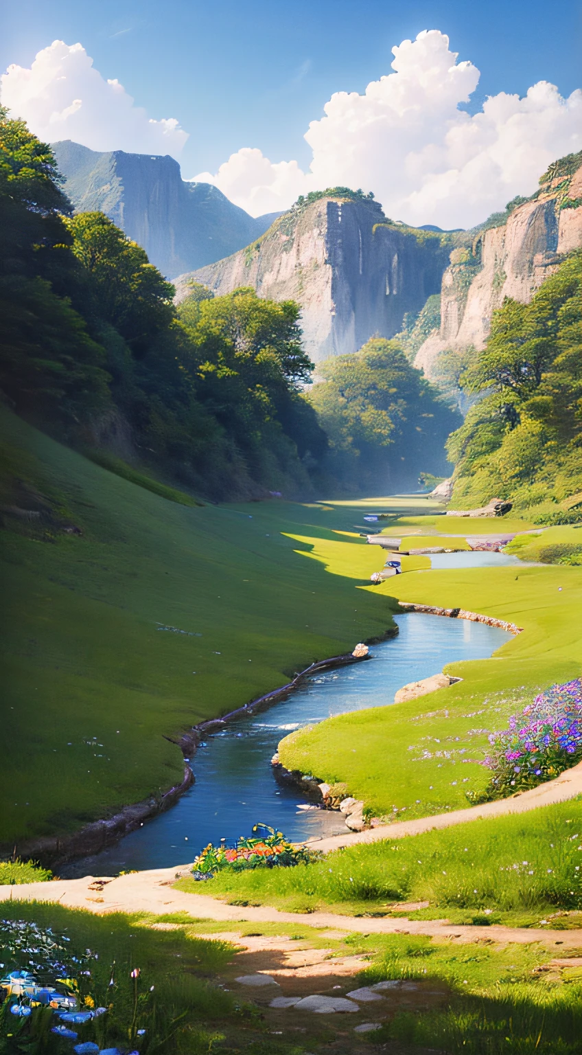 Blue sky、Flowers in the valley, Quiet and idyllic,high definition detail、Ultra-detailed and exquisitely presented,Cinematic surrealism,Soft light against the background,Deep focus and bokeh effects,Ray tracing and surrealist art style。" --v6