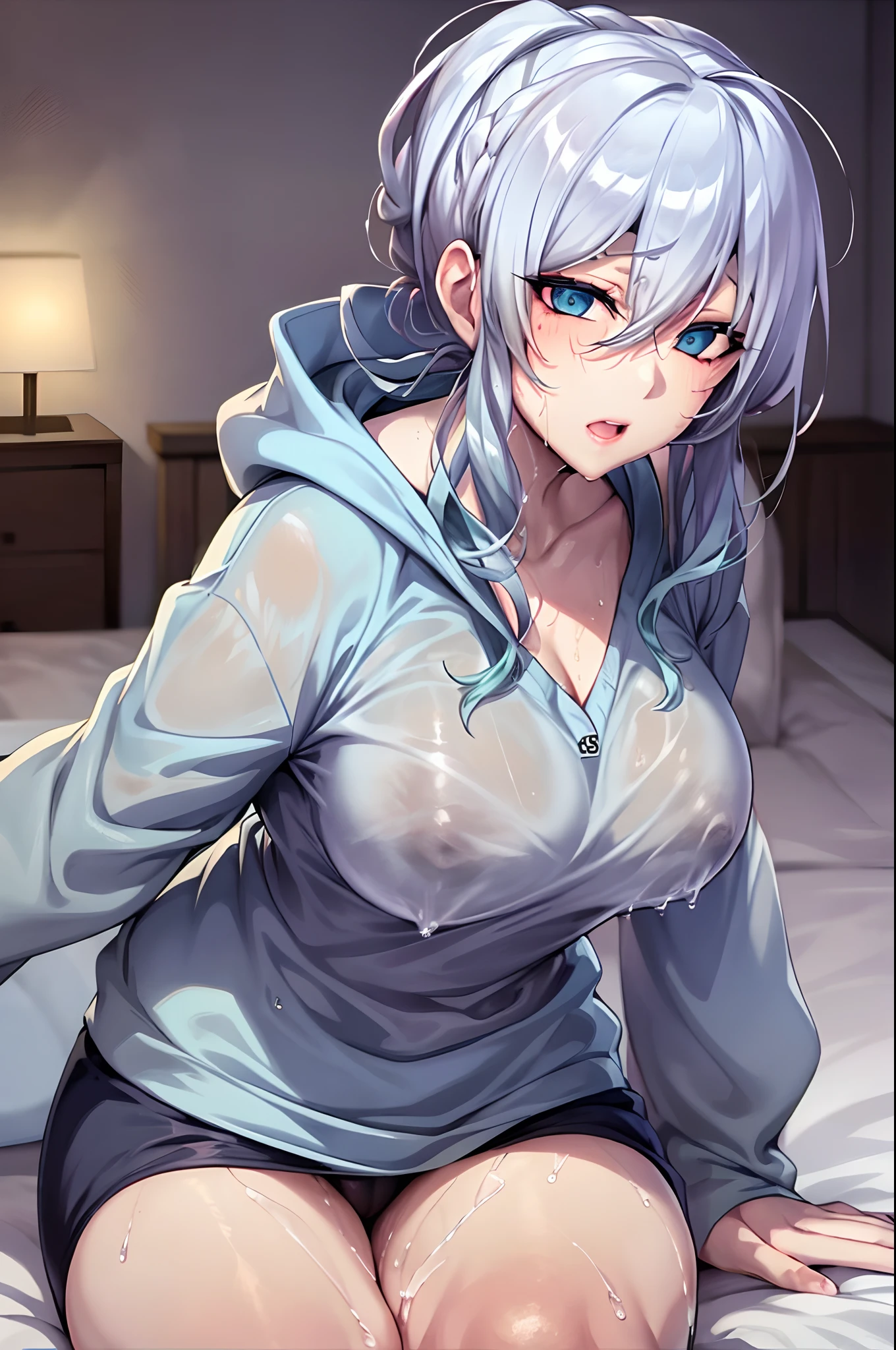 Yukino, one the bed, Silver hair and eyes in a black hoodie, anime visual of a cute girl, screenshot from the anime film, & her expression is solemn, ahegao face, in the anime film, in an anime, anime visual of a young woman, she has a cute expressive face, still from anime, perfect breast, wet-t-shirt no bra