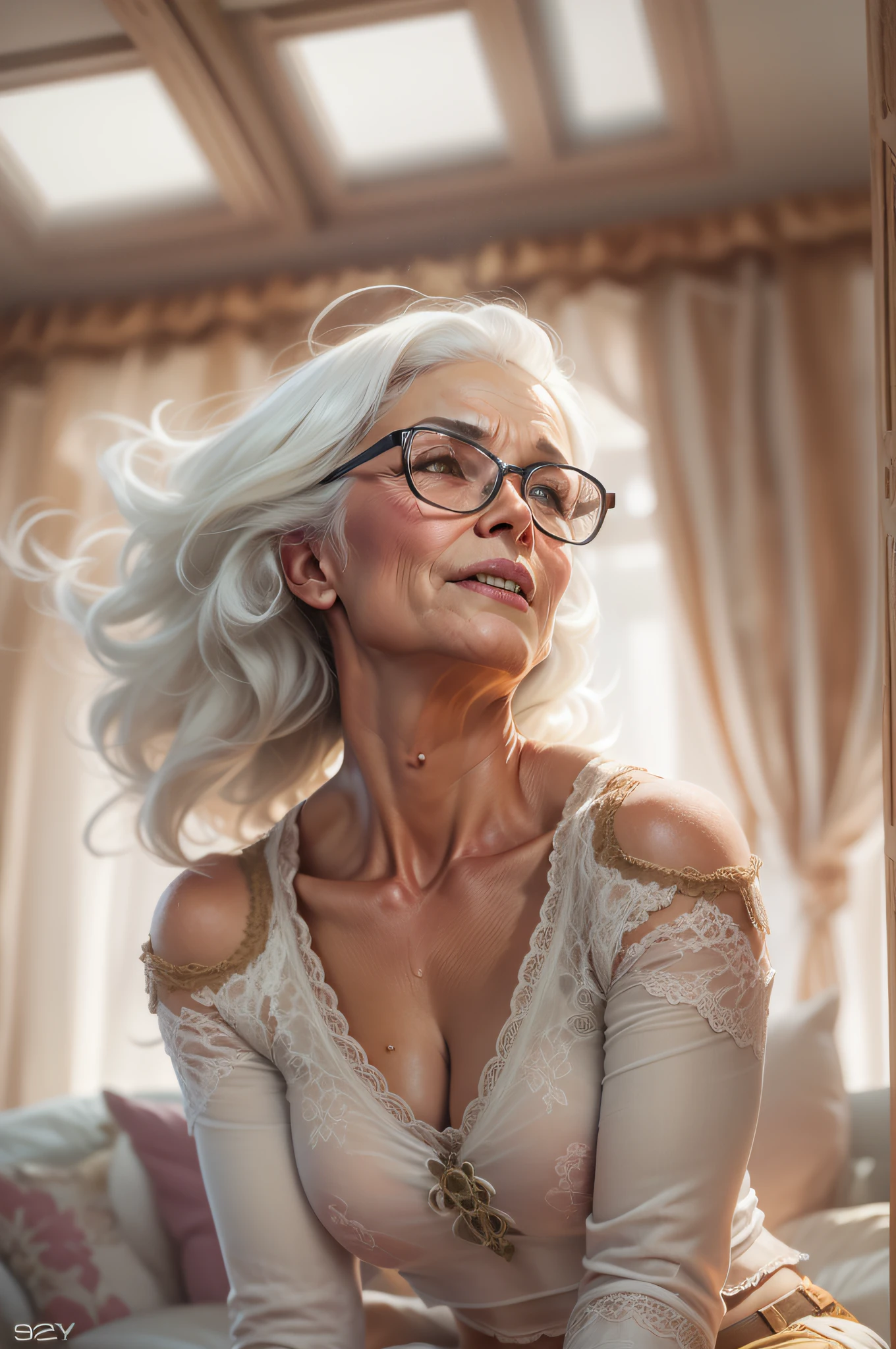 photorealistic, ultra realistic, artstation, cgsociety, 8 k, award winning photography of a beautiful middle-age women sitting in the romantic room, (light white hair:1.2), (full muscular body), (huge breast), (topless), open mouth, passionate look at me, shameless body poses, cheekbones, open legs, detailed face, Bejeweled, topless, (exquisitely detailed skin, wide hips, smooth midriff), glasses, vibrant