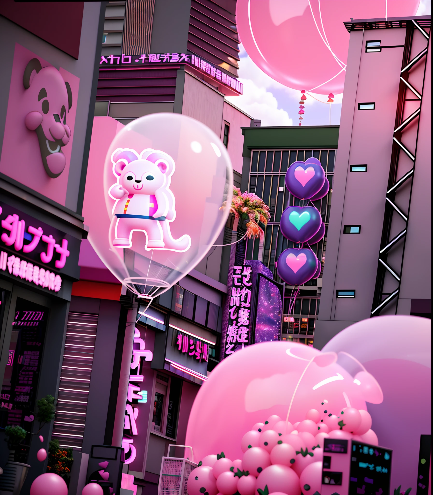 There are many pink balloons hanging from the sides of the building, vaporwave city, pop japonisme 3 d ultra detailed, pink iconic character, vaporwave art, vaporwave artwork composition, maximalist maximalism vaporwave, 3D model of a Japanese mascot, Rendered in Cinema4D, rendered in cinema 4 d, kawaii hq render, Vapor wave texture
