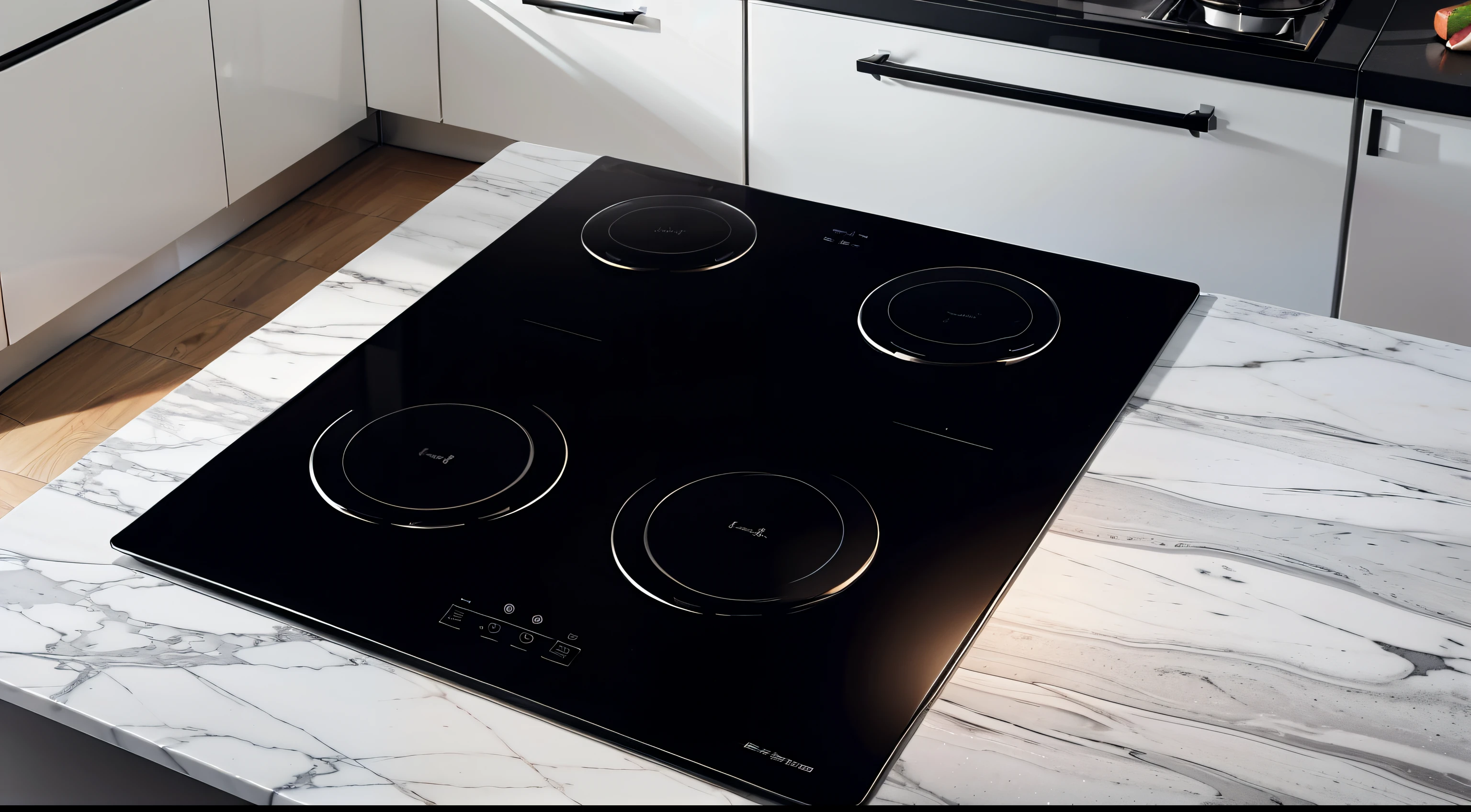 Kitchen scene,Side 45° angle,Close-up square induction cooker,The induction hob has four heating positions,The induction hob is intact,Built-in induction hob,Do not put anything on the surface of the induction cooker,Do not appear pots and pans,Don't show people,Steak vegetables on the table,