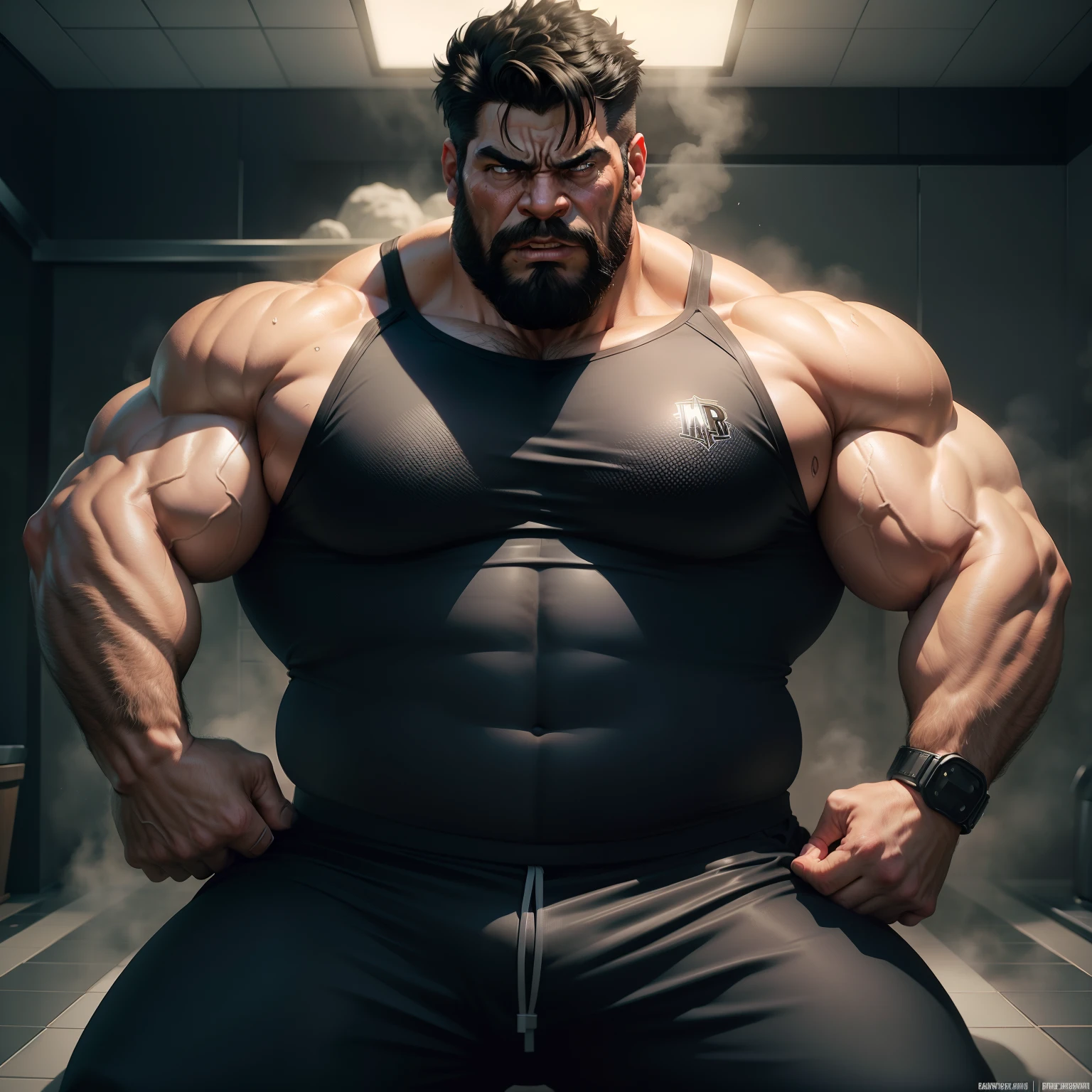 Uncle Banner the Hulk in the Avengers，Male uncle，A little bearded，Strong body，big breasts slightly fat，Short black hair，Bare upper body，The lower body wears black basketball pants and shorts，There is chest hair，Sit in the steam room，Spread your legs，Sweaty face，Covered in sweat，The expression is shy