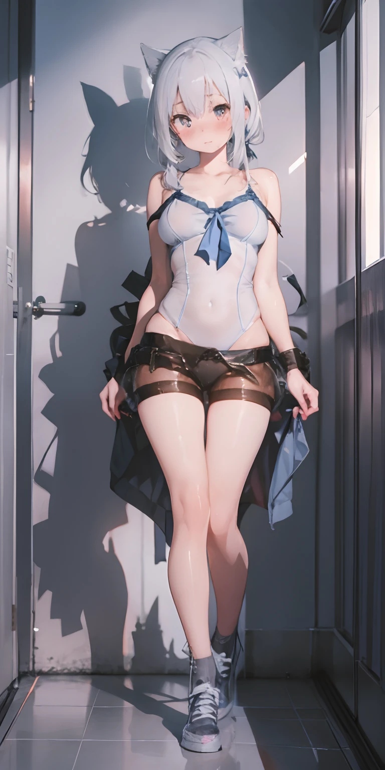Anime girl with white hair and cat ears, ruby eyes, shy blush, medium breast, bare shoulders, bare legs, full body, high contrast, soft light, master piece, extraordinary nice