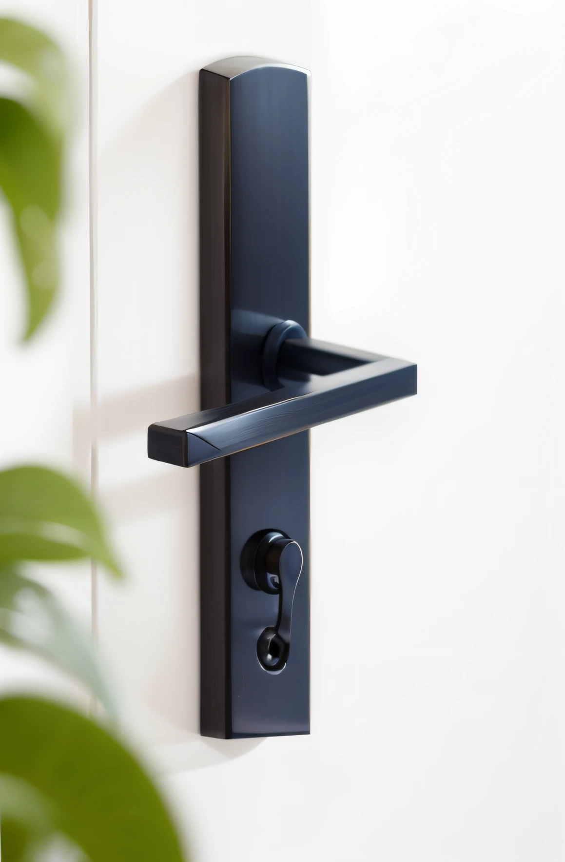 plants in foreground,Watch a close-up of the doorknob on the door, exquisite handle, Modern details, Metal credit, Metal key for the door, medium close up shot, high angle close up shot, levers, blurred detail, Hand on the doorknob, Door, Meticulous detail, detailed zoom photo, smooth detailed, exquisite and smooth details, crisp smooth clean lines