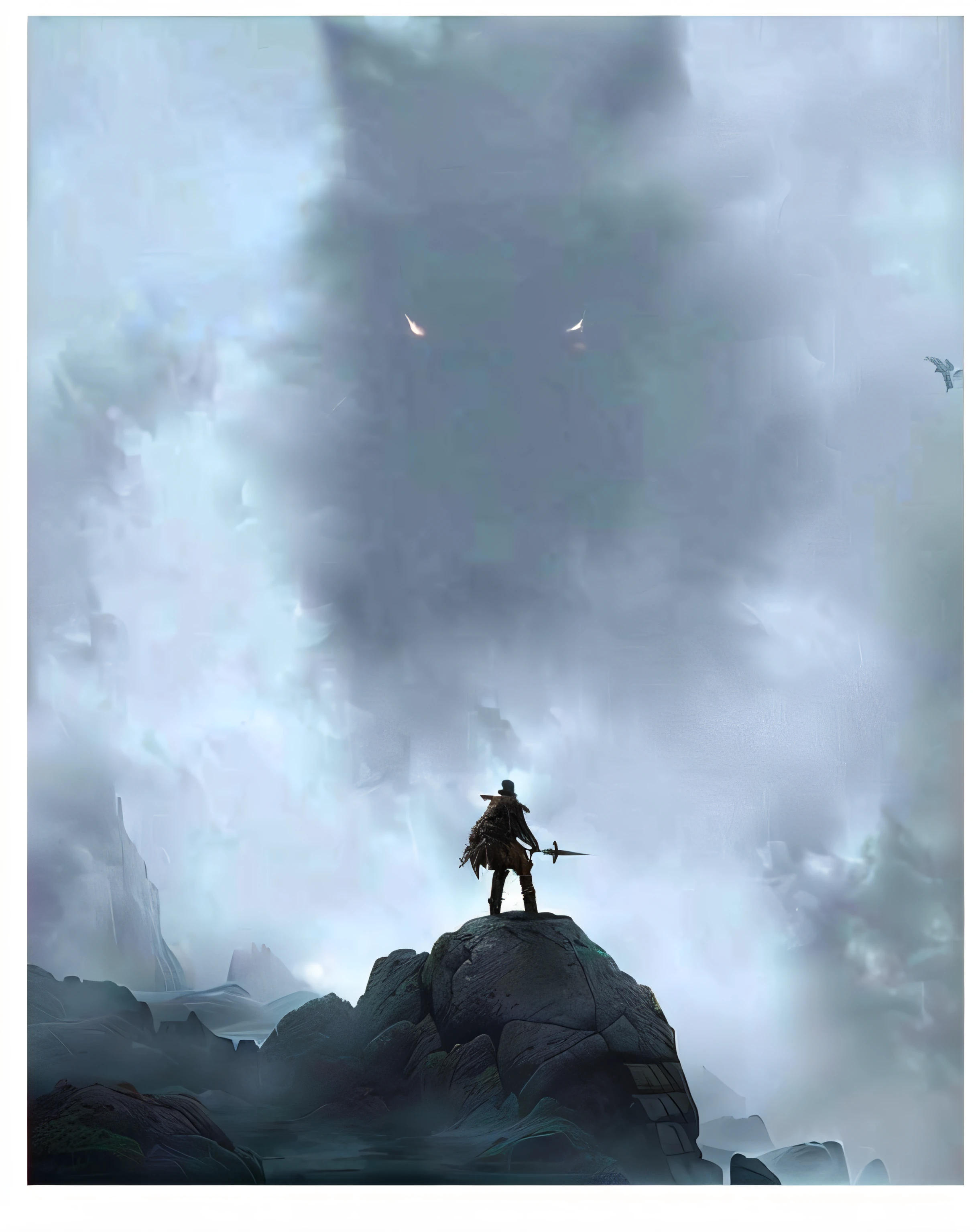 Alla Fed image of a man standing on a rock with a sword in front of a wolf, Skyrim Art, Great Buffalo, Man with a fork, giant ethereal creature, Epic Elder Scrolls Art, Game of Throne Art, lone wolf, dramatic concept art, The Elder Scrolls Art, tuomas korpi and wlop,8K,photo
