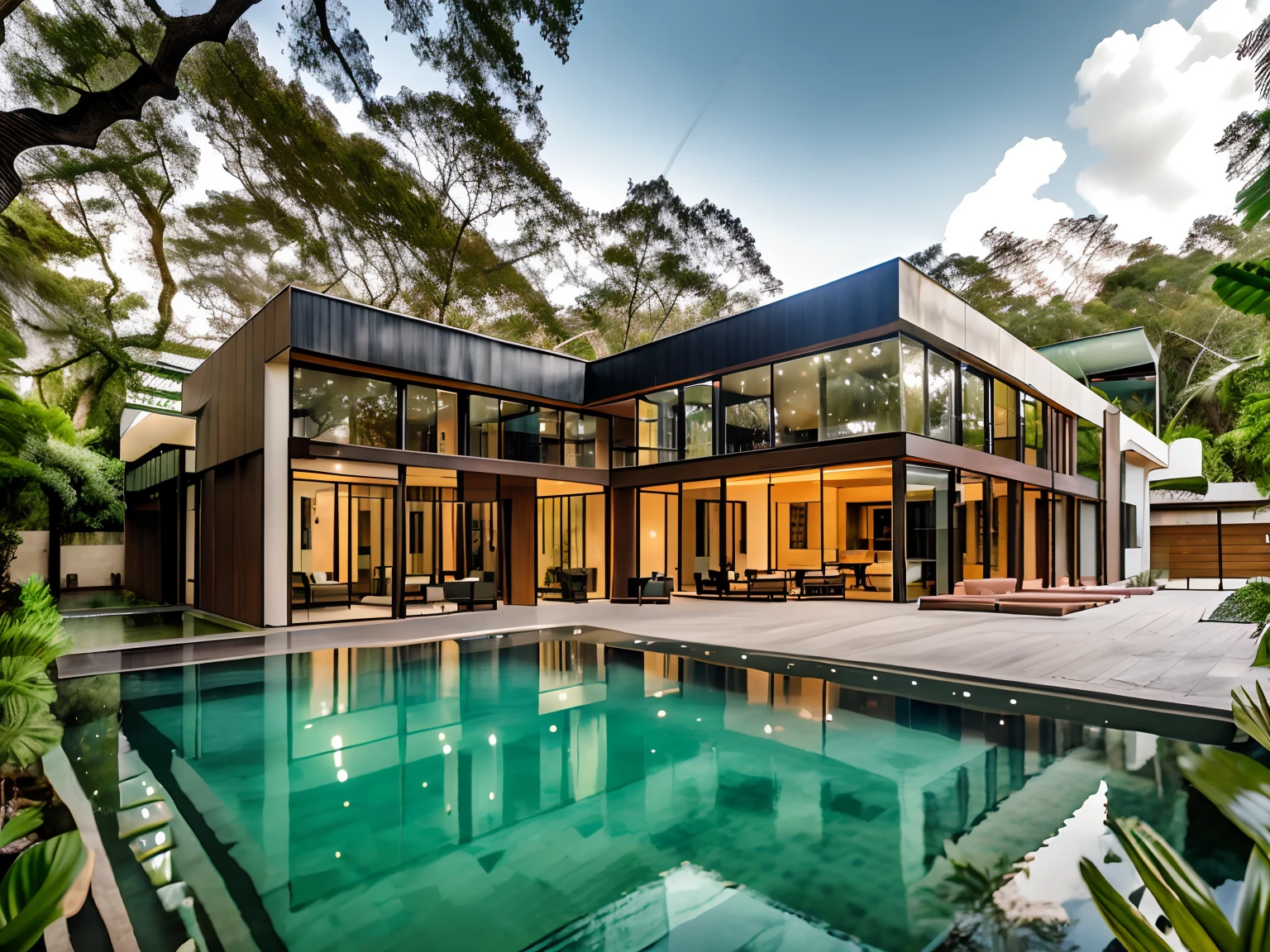 mordenhouse, Casa moderna na floresta, Jardim tropical, dramatic, arquitetura, composite construction, obra-prima, (fotorealista: 1.2), melhor qualidade, piscina em frente. Paredes em pedra marmore