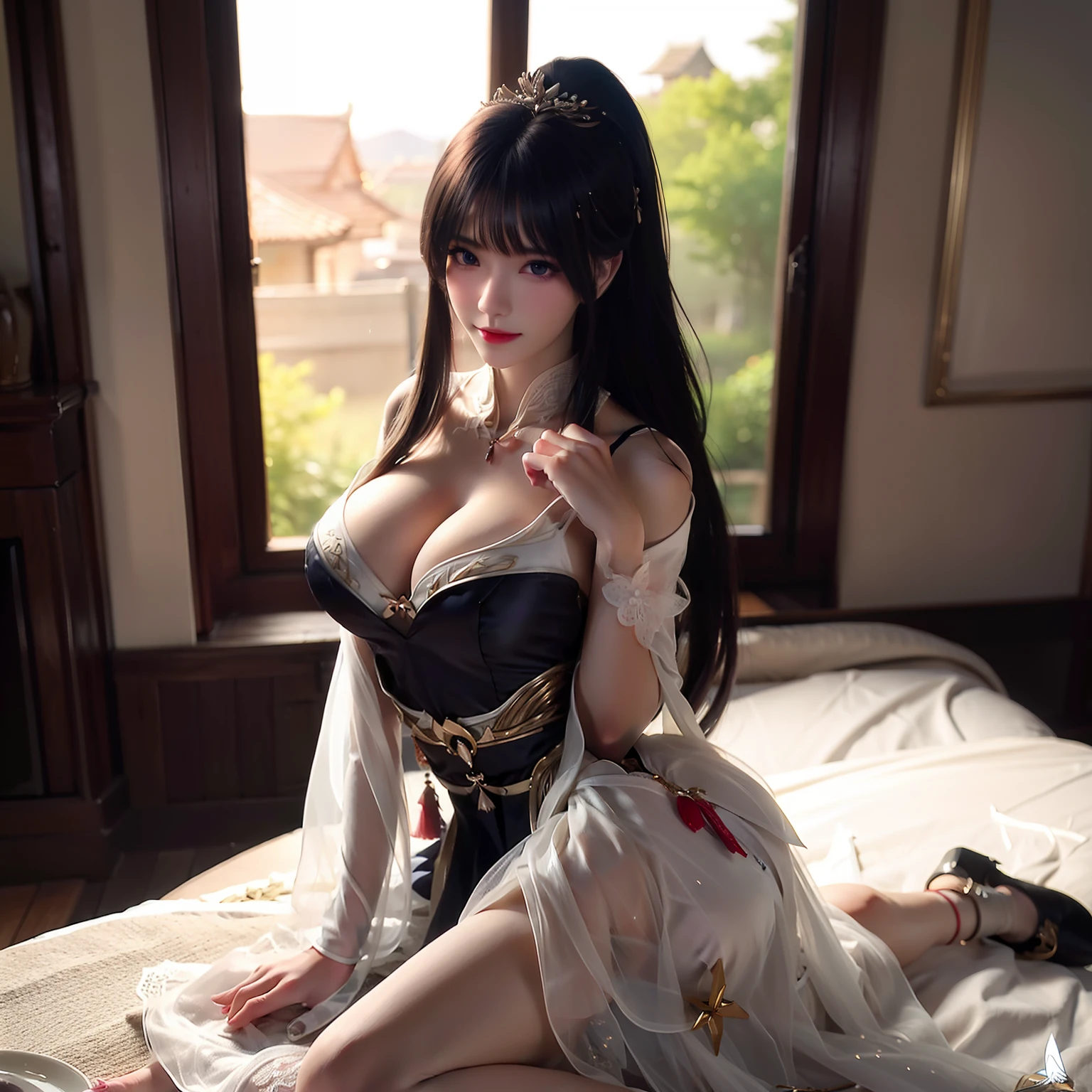 tmasterpiece,Need,highdetailRAWcolorphoto,Panoramas,best qualtiy,A girl,Exquisite facial features,shift dresses(Open the ventral bifurcation end),Bedrooms,(Breast enlargement:C cup),cabelos preto e longos,hair-bun,hair adornments,largeeyes,Smart eyes,ponder,复杂,is shy,looking to the camera,lipsticks,prette,adolable,Raised sexy,softlighting,brightly,Graphics card rendering,Very realistic,full bodyesbian,Highest definition,Highest high resolution,8K Blu-ray