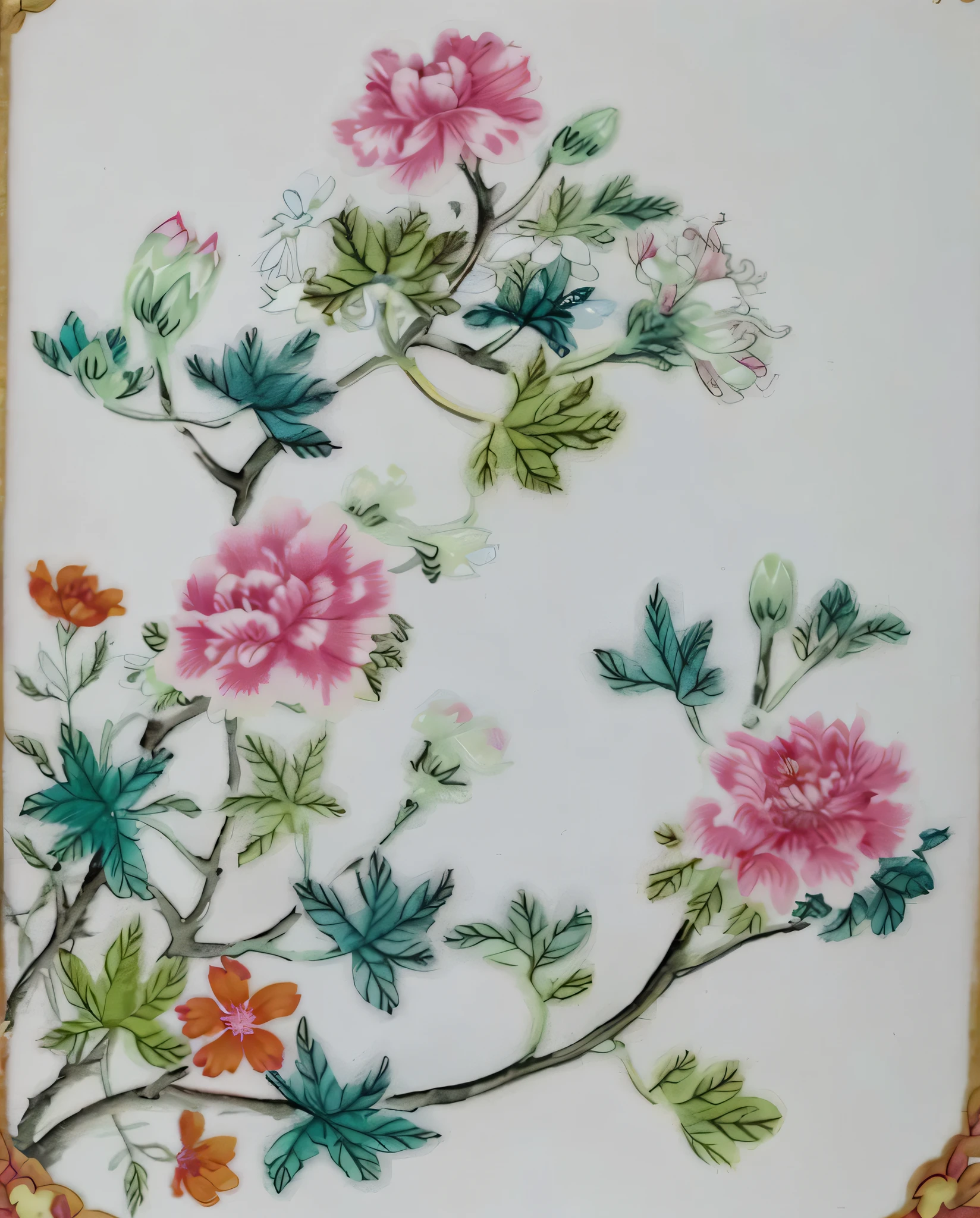 There is a watercolor painting of flower arrangement on a white background, floral patterns, flowers and blossoms, soft flowers, floral wallpaper, dreamy floral background, Fondo pintado floral, boho floral vines, stylized flowers, delicate garden on paper, fantasy flowers and leaves, Blooming flowers, pastel flowery background, In pastel colors, with colored flowers, floral motives, Flower background