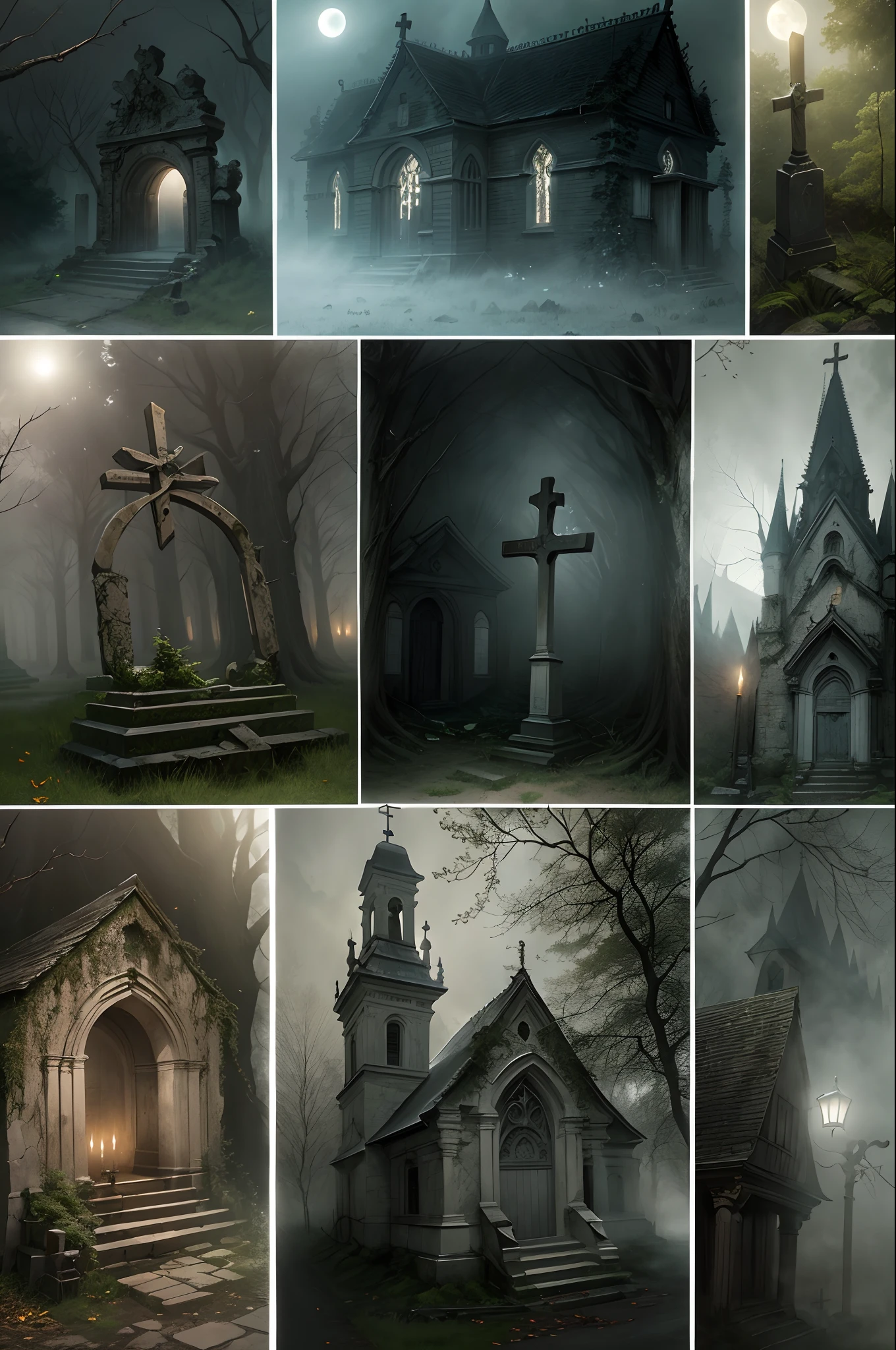 dense fog，Heavy fog，rays of moonlight，UHR，Black Forest，tombs，Thorns，waxy candles，casket，Abandoned church，crosses