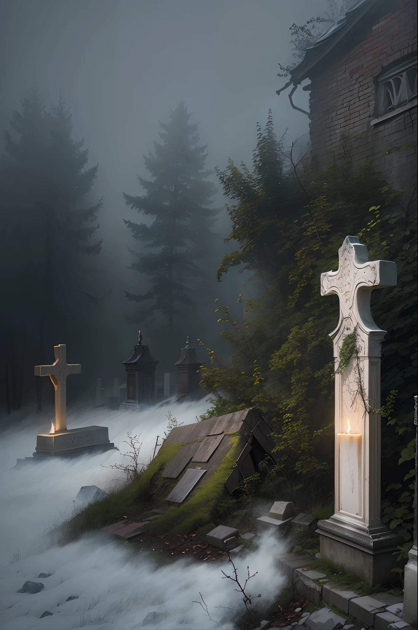 dense fog,Heavy fog,rays of moonlight,UHR,Black Forest,tombs,Thorns,waxy candles,casket,Abandoned church,crosses,yuki