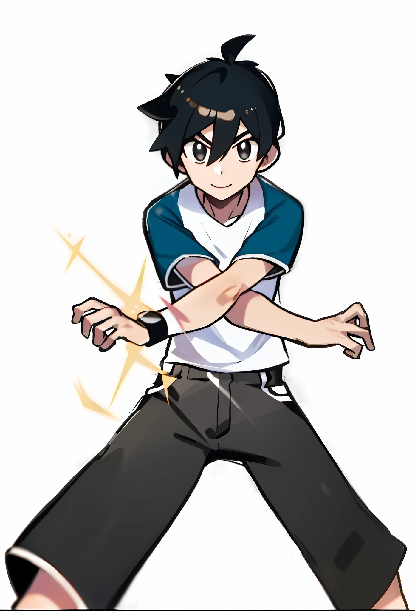 sugimori ken \(Style\), Black hair，White gym clothes，Black  shorts，white backgrounid，view the viewer, Nintendo, offcial art, Pokemon, Pokemon \(gaming console\), Pokemon SWSH, Light smile, sugimori ken, tart \(Illustrator\), Thighs, Stand next to Pokemon \(organism\)