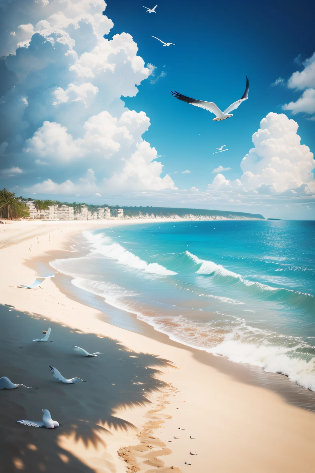 Noon, white clouds, sunshine, seaside, blue, sand, seagulls