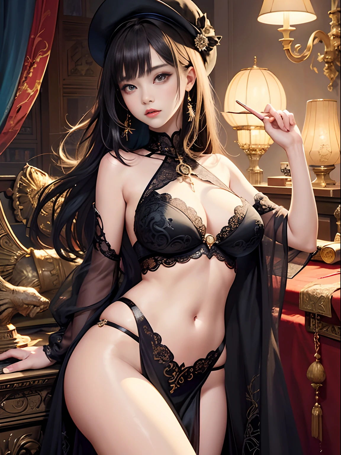 offcial art，统一 8k 壁纸，ultra - detailed，Beauty and aesthetics，tmasterpiece，best qualtiy，（zentangle，datura，Tangles，entangled），（s fractal art：1.3），1girl，The is very detailed，dynamic angle，cowboyshot，The most beautiful form of chaos，Elegant，Fauvist design，vivd colour，romanticism lain，James Jean，cute female child，Raised sexy，big breasts exposed cleavage，bshoulders，the belly，Beautiful dress