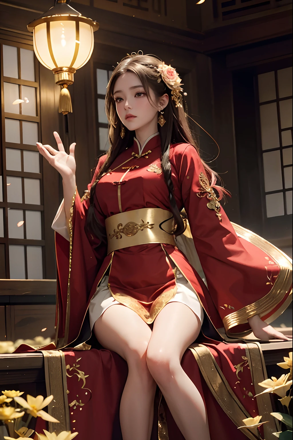 best quality, masterpiece, highres, (exquisite body:1.5),gorgeous face,(milky skin:1.3),intricate details,high resolution,wallpaper,
1girl, solo, dress, hair ornament, (((gold and red dress))), flowers, long hair, brown hair, closed mouth, jewelry, long sleeves, hand up, wide sleeves, big eyes,floating hair, chinese clothes, hanfu, embroidery, long skirt, natural pose, falling petals, indoor,fanning, lantern,
16K,HDR,highres,depth field,(film grain:1.1),boken,golden hour,(lens flare),vignette,rainbowing,(color grading:1.5)