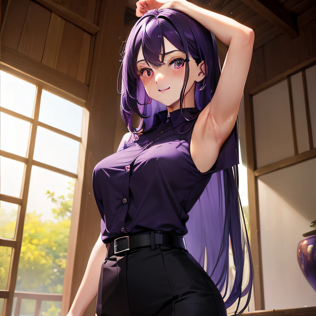 ((((masterpiece)))),
best quality, 
anime,
a girl, stand,
long and dark purple hair,forehead, 
straight hair,
dark purple eyes,armpit sweat,wet,
women's dark purple short sleeve business shirt, The place is a Japanese house,
easing smile