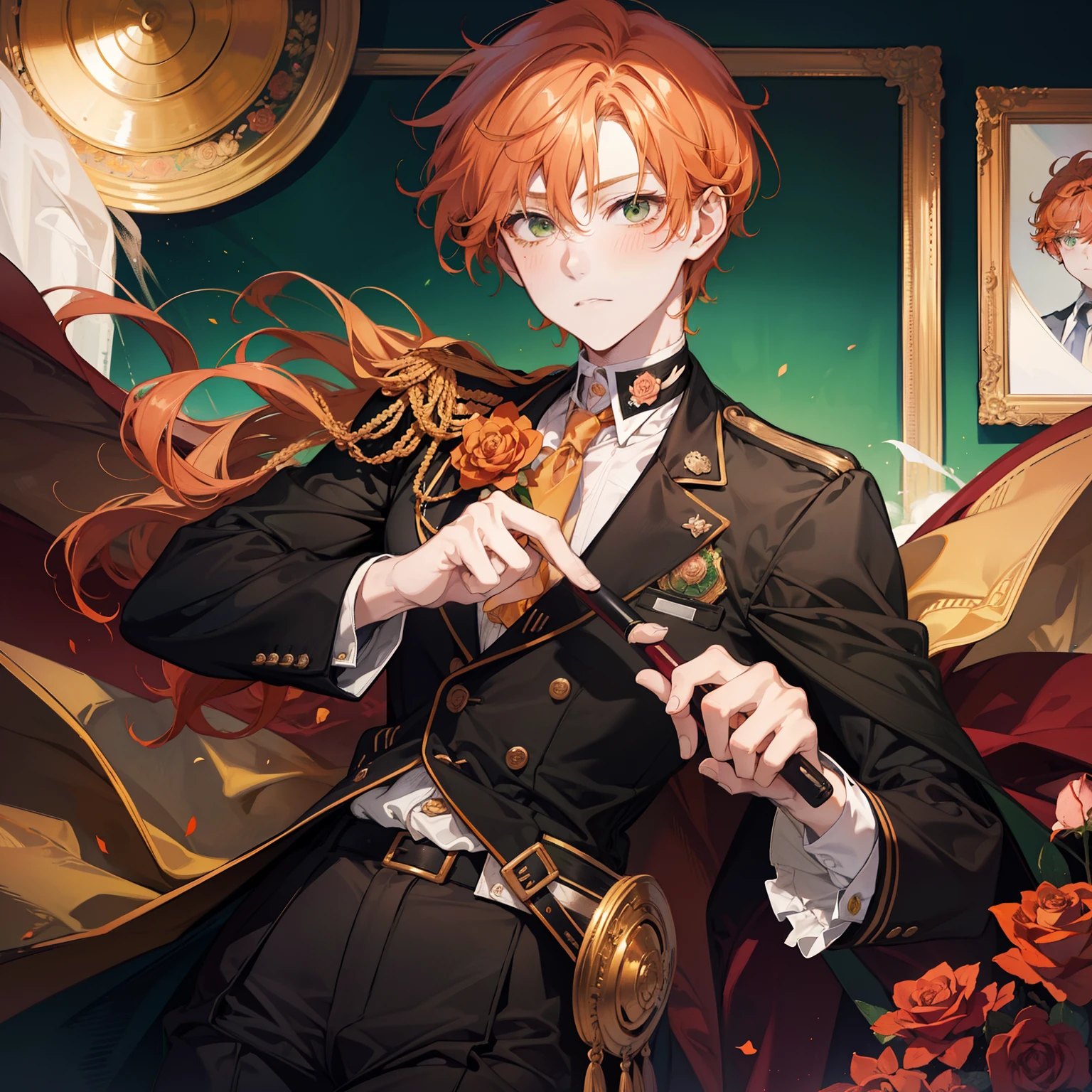 1man, orange hair, curly hair, green eyes, narrowed eyes, visible blush, tsundere, school uniform, tsundere pout, rose frame, man
