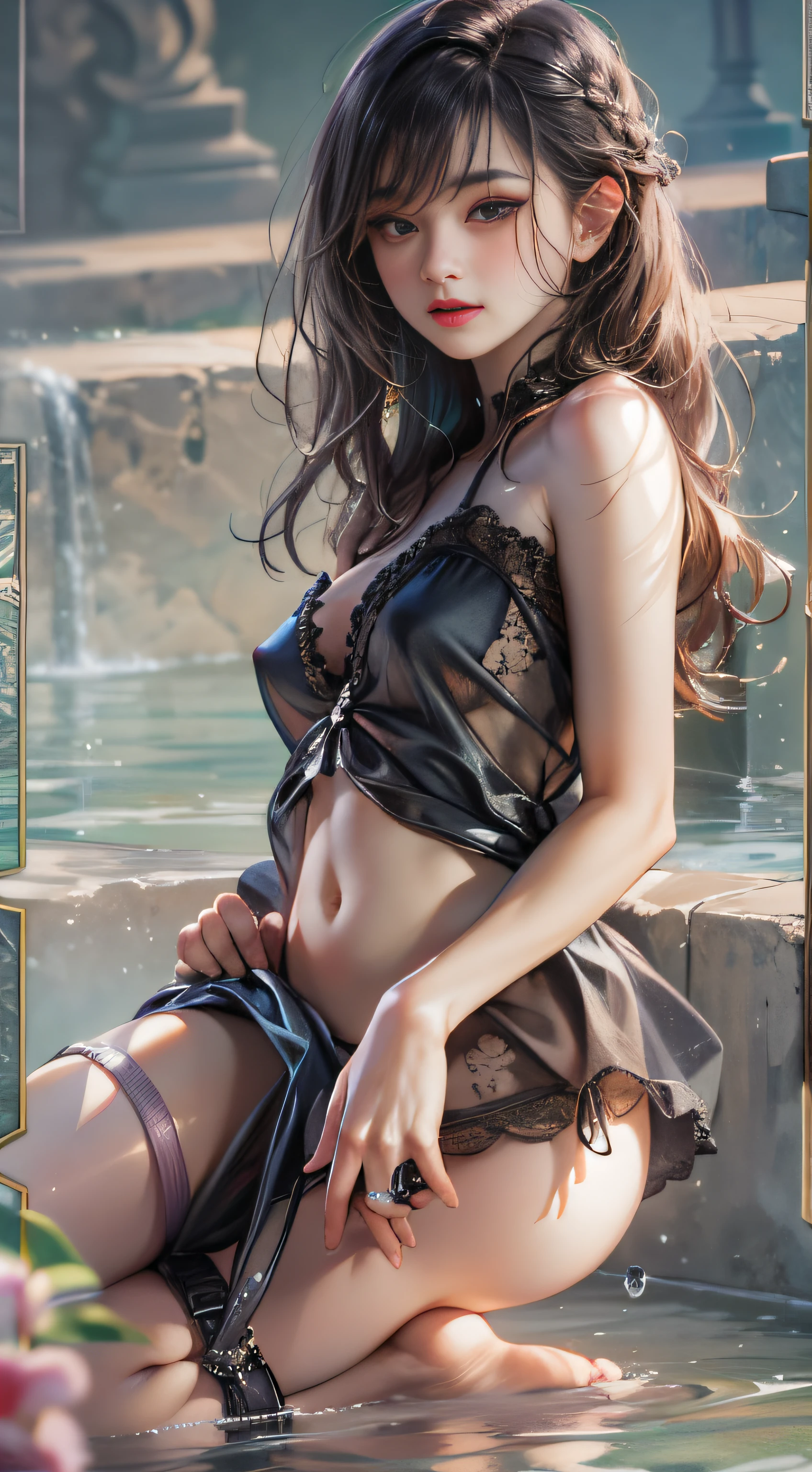 1girl in, depth of fields, One-person viewpoint, 135 mm, canon, F/1.8, nffsw, retinas, masutepiece, ccurate, Anatomically correct, Textured skin, high details, Super Detail, High quality, Best Quality, hight resolution, hard disk, 4K, 8K Aizuo、magnifica、the viewer、Realistis、Full body with camera、on the lap、squatt、Brunette hair、length hair、radical、A tall、Forced real water、White Less Cloth Transparent Mini Shirt、White transparent thong、sea side、Low Very detailed、Ahegao、Roll your eyes、blush、water running in mouth、Sticky tongue、Vaginal orchids、Runny Vaginal Discharge、Blowing tide、very Bigger breasts、Grasp your breasts with both hands、 Spread your legs、sexual excitement、Sex Expressions、shinny skin。realisitic、Photorealsitic:1.37)、Photo of Japan woman in black((loose)Camisole)、 natural(midium breasts:1.35)、(micro:1.4)Lace pantie、looking at away、(Kpop Idol)、lying on one's side、dishevled hair、Medium Hair、(Pink blush)、(illuminating)、[[Open legs、Spread your legs apart]]、(独奏)、dynamicposes、((erectile nipple))、(female pubic-hair)、(Puffy eyes:1.3)、 (Slim legs)、erotick、nffsw、Highly detailed ambient occlusion、Natural and harmonious composition、fine-art photography、