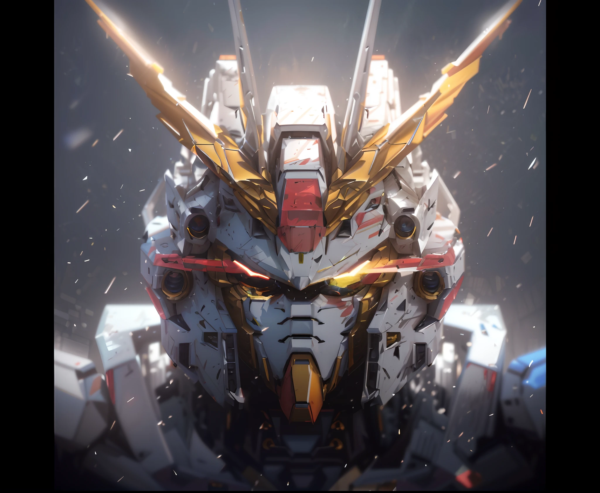 Close-up of robot with futuristic expression on his face,gundam head,Alexander Ferra White Mech,Shazabi Gundam,Mecha Inspiration,ArtStation masterpiece,Highly detailed digital art in 4K,mechanical mecha,gundam style,cool mecha style,Mecha portrait, HD,Render with redshift
