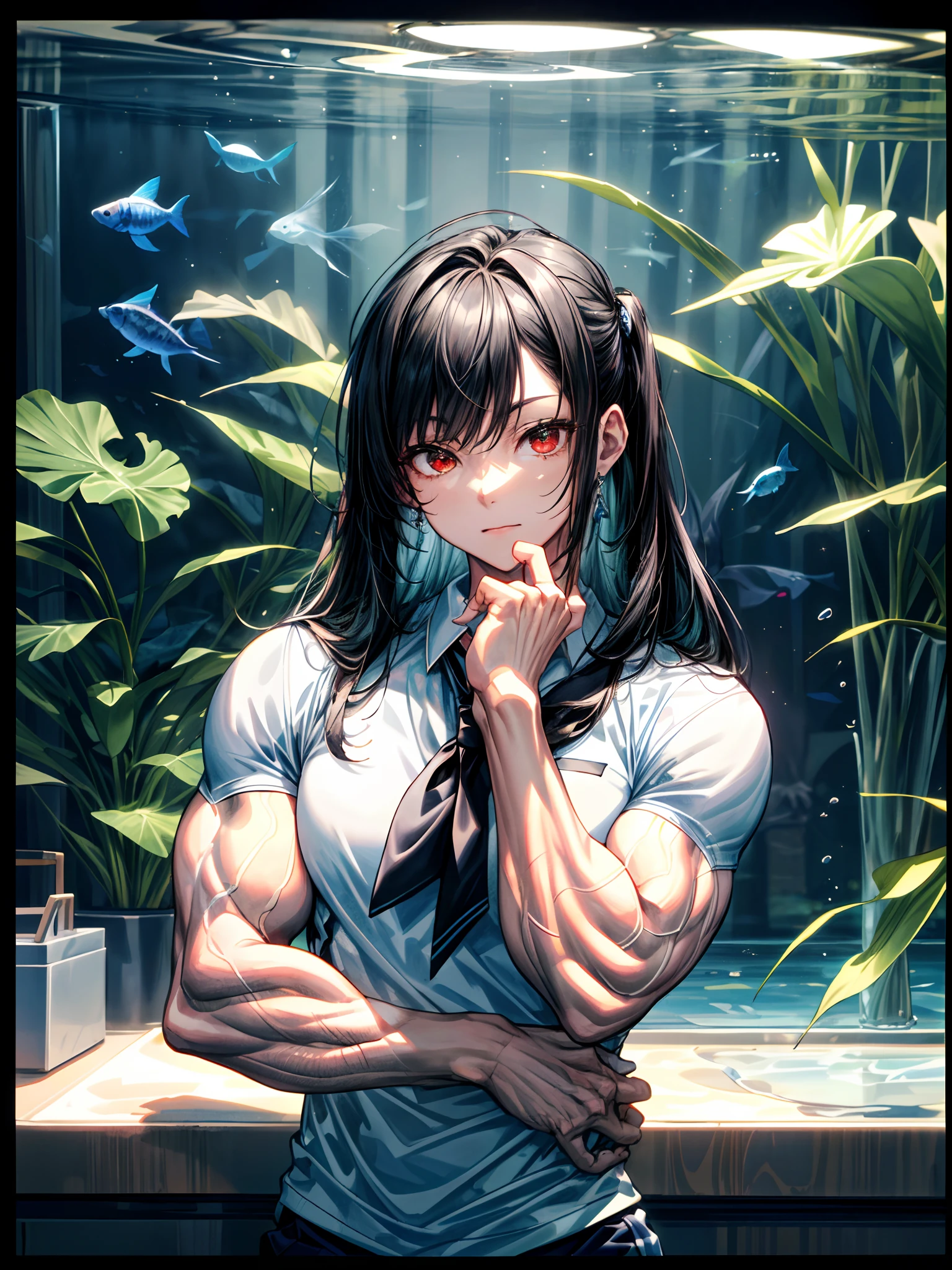 (best lighting) , (super-complex details) , 4K unified, (super-detailed CG: 1.2) , (8K: 1.2),(original), (masterpiece) , (best quality),(Masterpiece:1.4),Anime-ish high quality,(masterpiece),masterpiece, best quality, absurdres,((Masterpeace, 4k, 8k, highres)),(masterpiece), (best quality), (ultra-detailed), (an extremely delicate and beautiful), ((cowboy shot)), 1 woman, Yoru, beautiful face, detailed face, red eyes, scar on the cheek, long hair, black hair, school uniform, white shirt, black tie, dynamic pose, looking at viewer, on a aquarium, fish tank behind her, algae, marine life, blurred bottom, female focus, depth of field, full HD, high definition, high resolution



, ((body builder:1.5)),temple background,(beautiful bace),(girl),(female),(((upper body:1))),from front