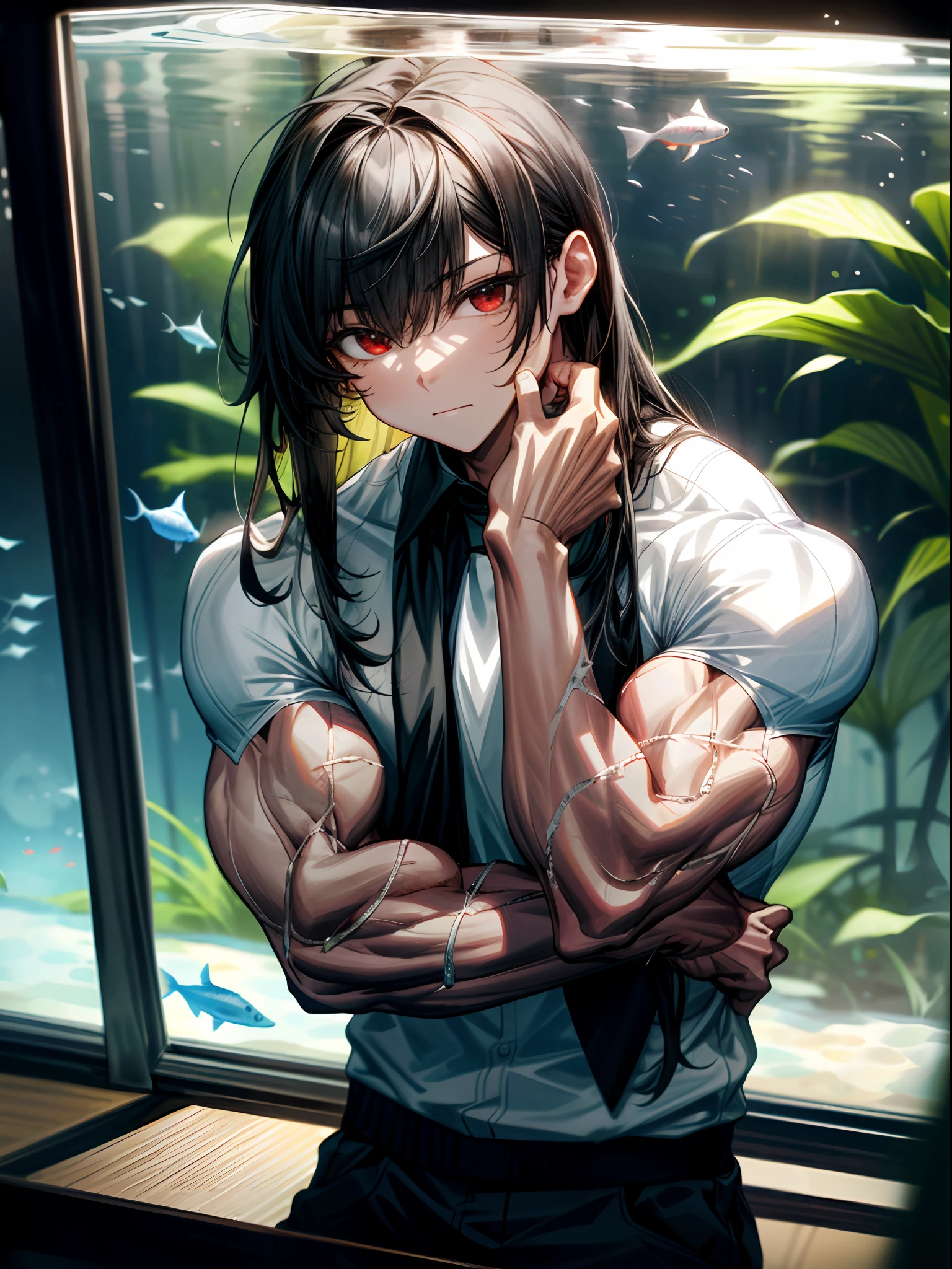 (best lighting) , (super-complex details) , 4K unified, (super-detailed CG: 1.2) , (8K: 1.2),(original), (masterpiece) , (best quality),(Masterpiece:1.4),Anime-ish high quality,(masterpiece),masterpiece, best quality, absurdres,((Masterpeace, 4k, 8k, highres)),(masterpiece), (best quality), (ultra-detailed), (an extremely delicate and beautiful), ((cowboy shot)), 1 woman, Yoru, beautiful face, detailed face, red eyes, scar on the cheek, long hair, black hair, school uniform, white shirt, black tie, dynamic pose, looking at viewer, on a aquarium, fish tank behind her, algae, marine life, blurred bottom, female focus, depth of field, full HD, high definition, high resolution



, ((body builder:1.5)),temple background,(beautiful bace),(girl),(female),(((upper body:1))),from front