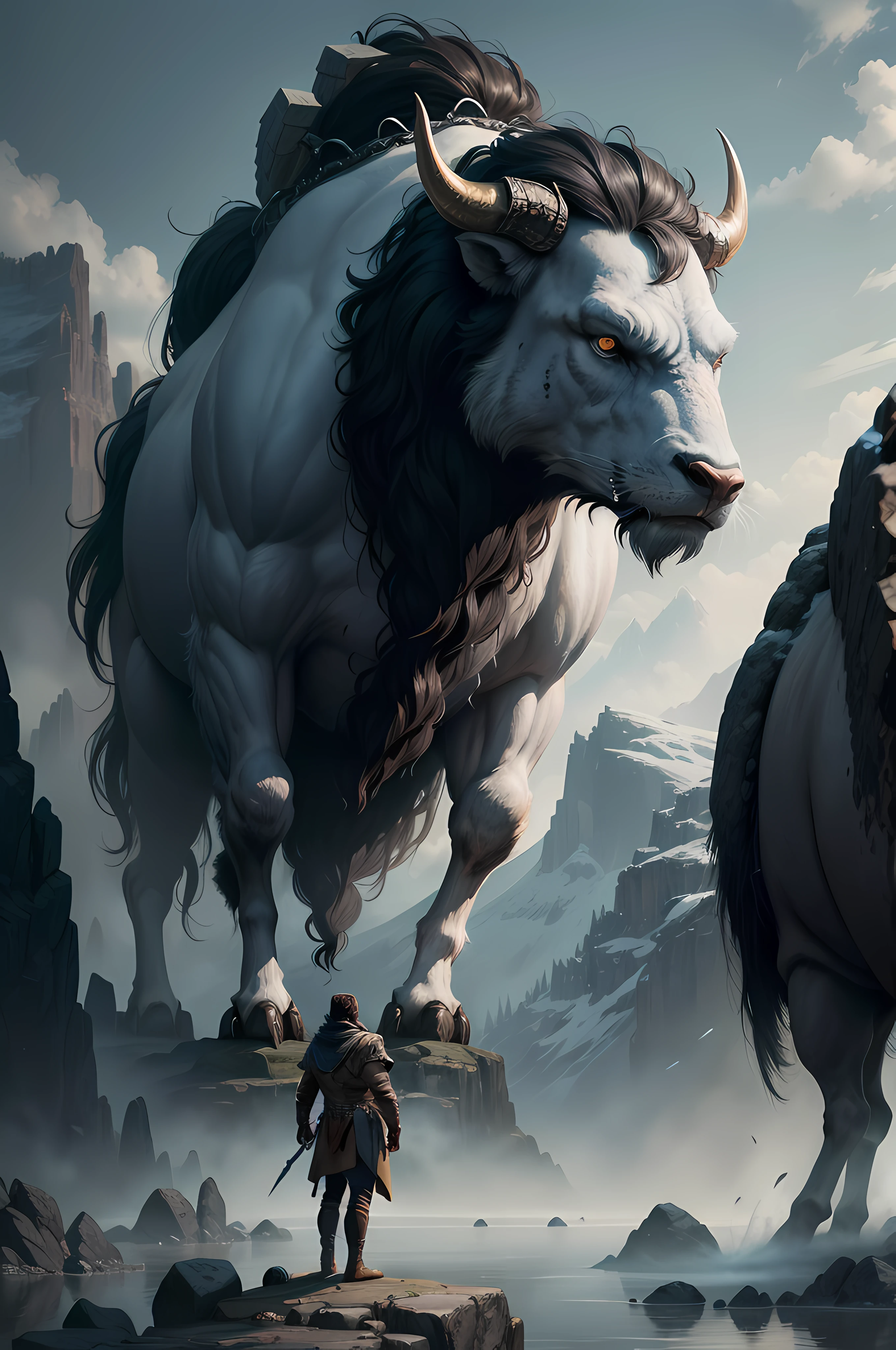 Alla Fed image of a man standing on a rock with a large spoon in front of a buffalo, Skyrim Art, Great Buffalo, Man with a fork, giant ethereal creature, Epic Elder Scrolls Art, Game of Throne Art, lone wolf, dramatic concept art, The Elder Scrolls Art, tuomas korpi and wlop,8K,Photo
