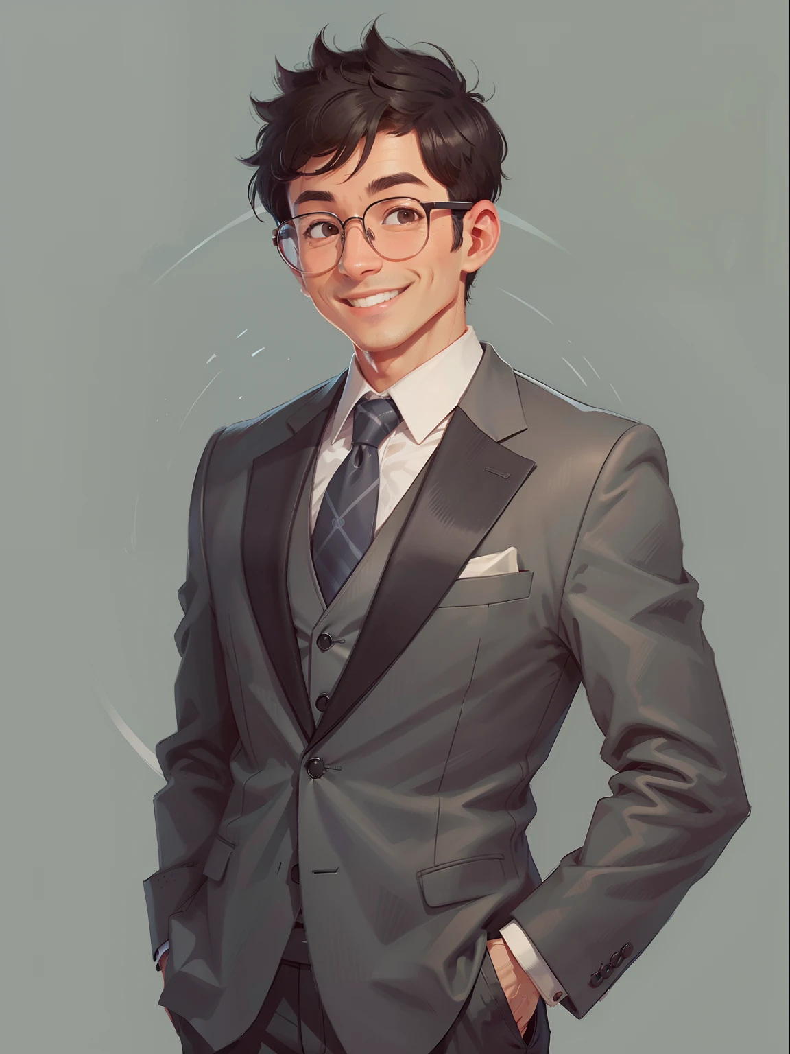 Gray background, simple background, 1 man, teacher, suit, glasses, short black hair, smile, standing, very detailed, best quality, 4K