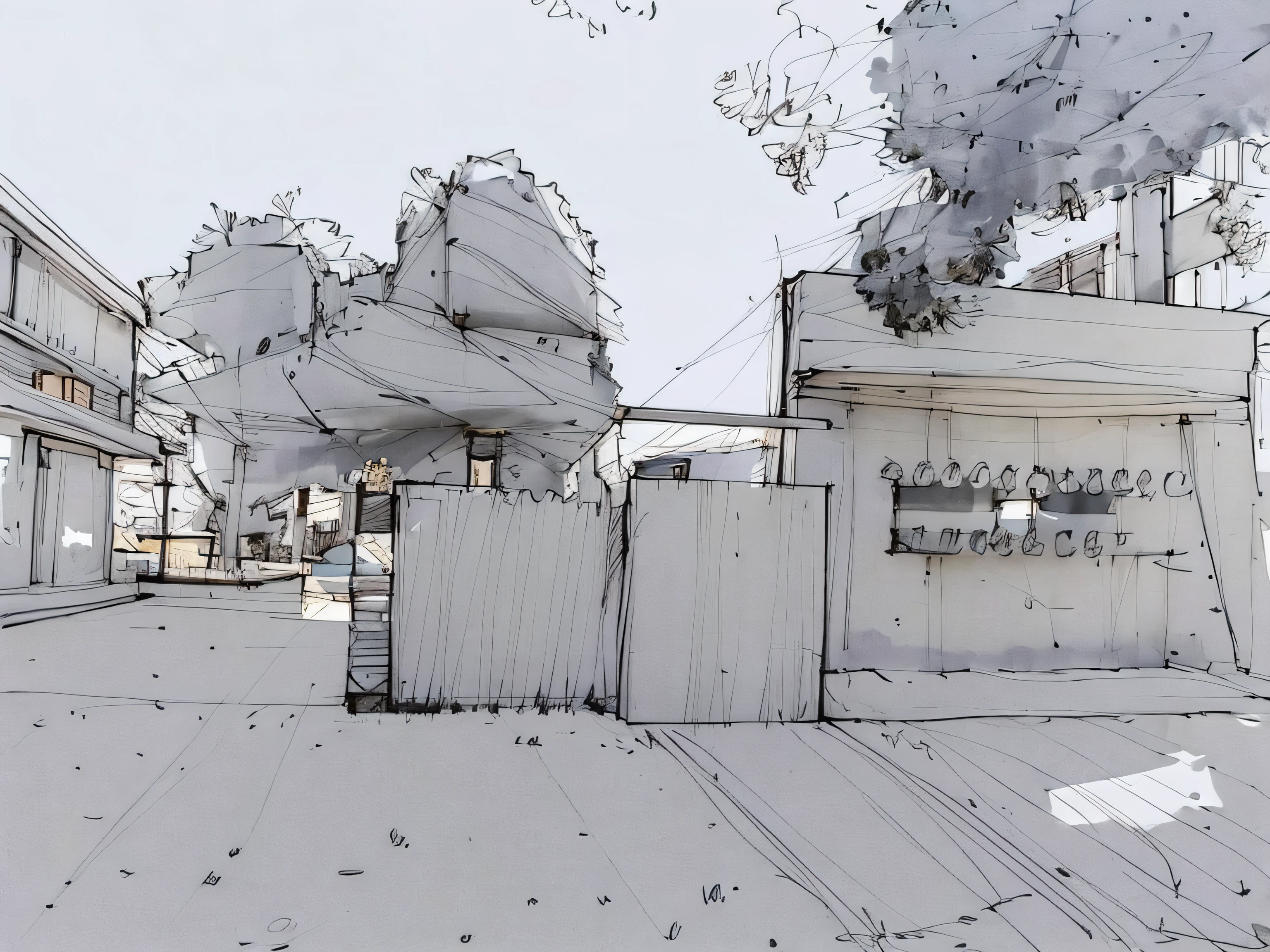 Sketch, Sketch,pen_Sketch_Style,Detailed details,white backgrounid,simplebackground,Architectural sketch style,The doorway of a compound,Electric iron fence,Good sun exposure