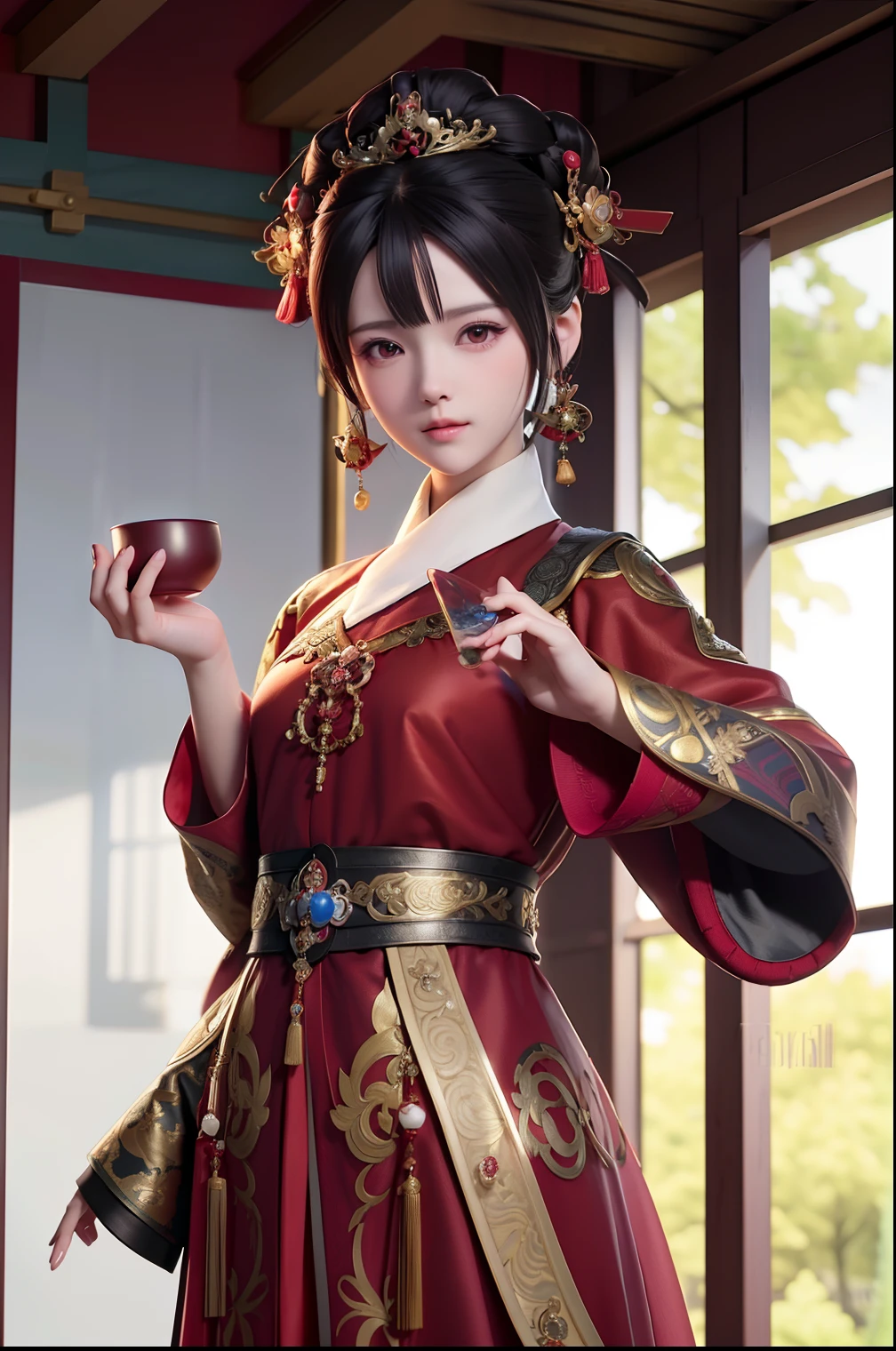 anime girl in a red and black outfit holding a glass ball, palace ， a girl in hanfu, artwork in the style of guweiz, extremely detailed artgerm, artgerm and atey ghailan, ruan jia and artgerm, beautiful character painting, trending on cgstation, 3d cgi anime fantasy artwork