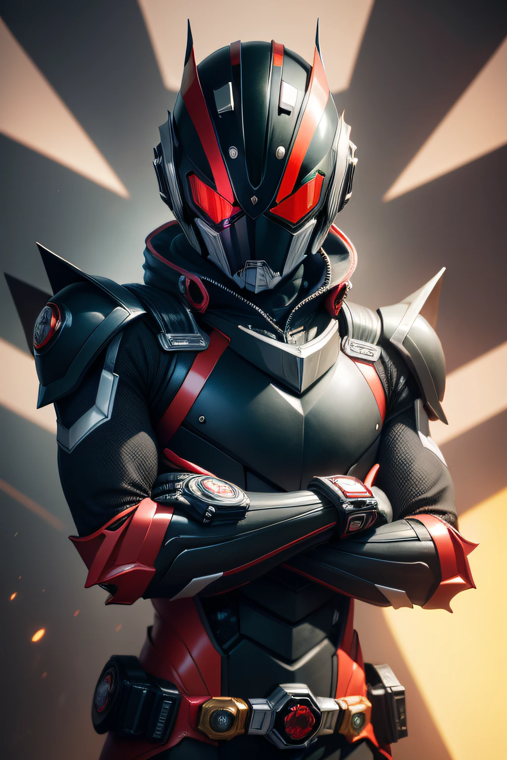 A close-up of a person in a costume with helmet and gloves, kamen rider character, fourze, cyber japan style armor, kamen rider action pose, Kamen Rider, cyber japan armor, high fantasy kamen rider, Tokusatsu, cyber fight armor, kamen rider ghost, Red and ice black armor, varia suit, Gundam armor, Nova